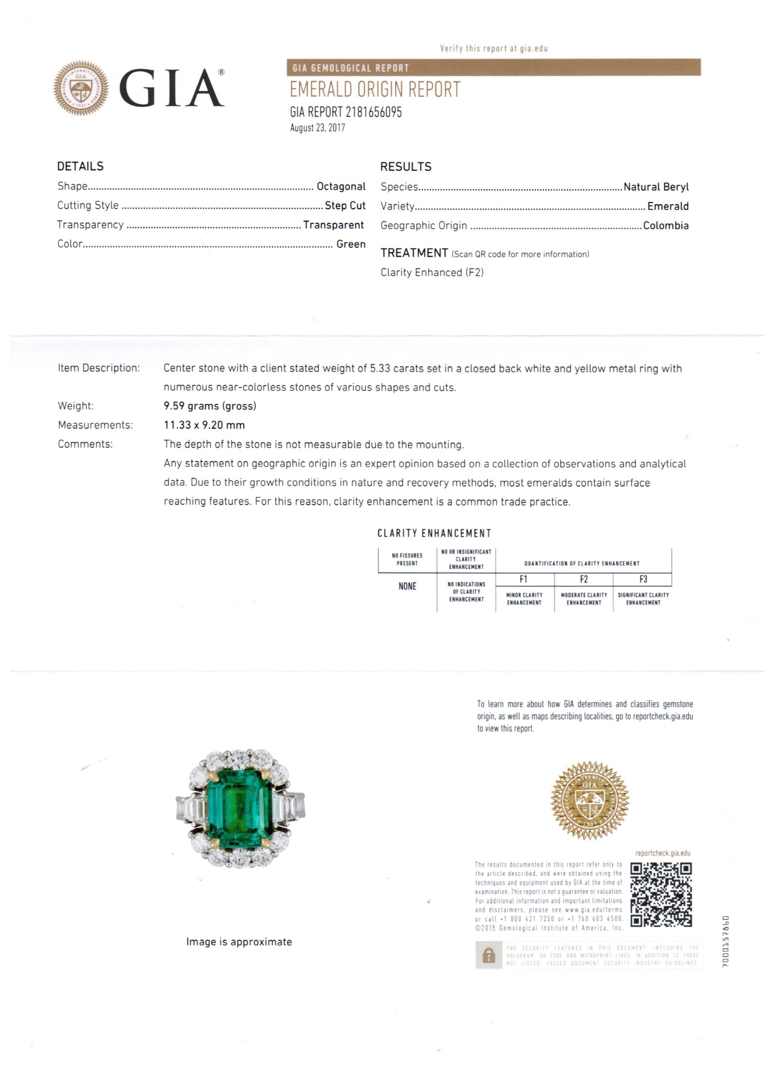 GIA Certified 5.33 Carat Columbian Emerald Diamond Two Color Gold Cocktail Ring 7