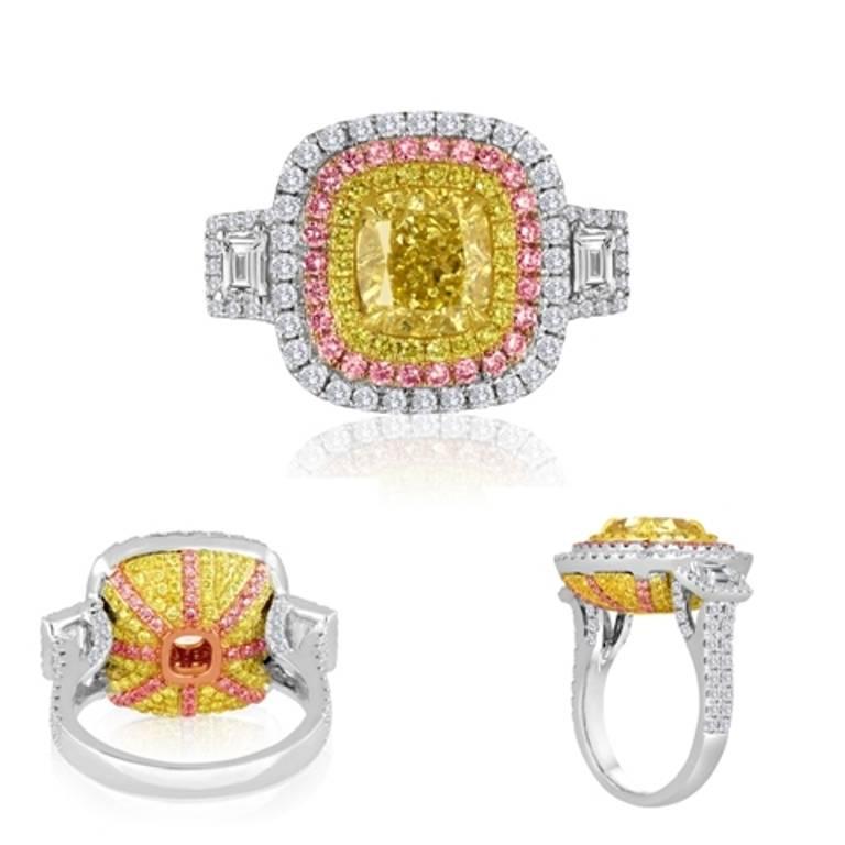 GIA Certified 2.53 Carat Fancy Yellow Diamond Triple Halo Three-Color Gold Ring 2