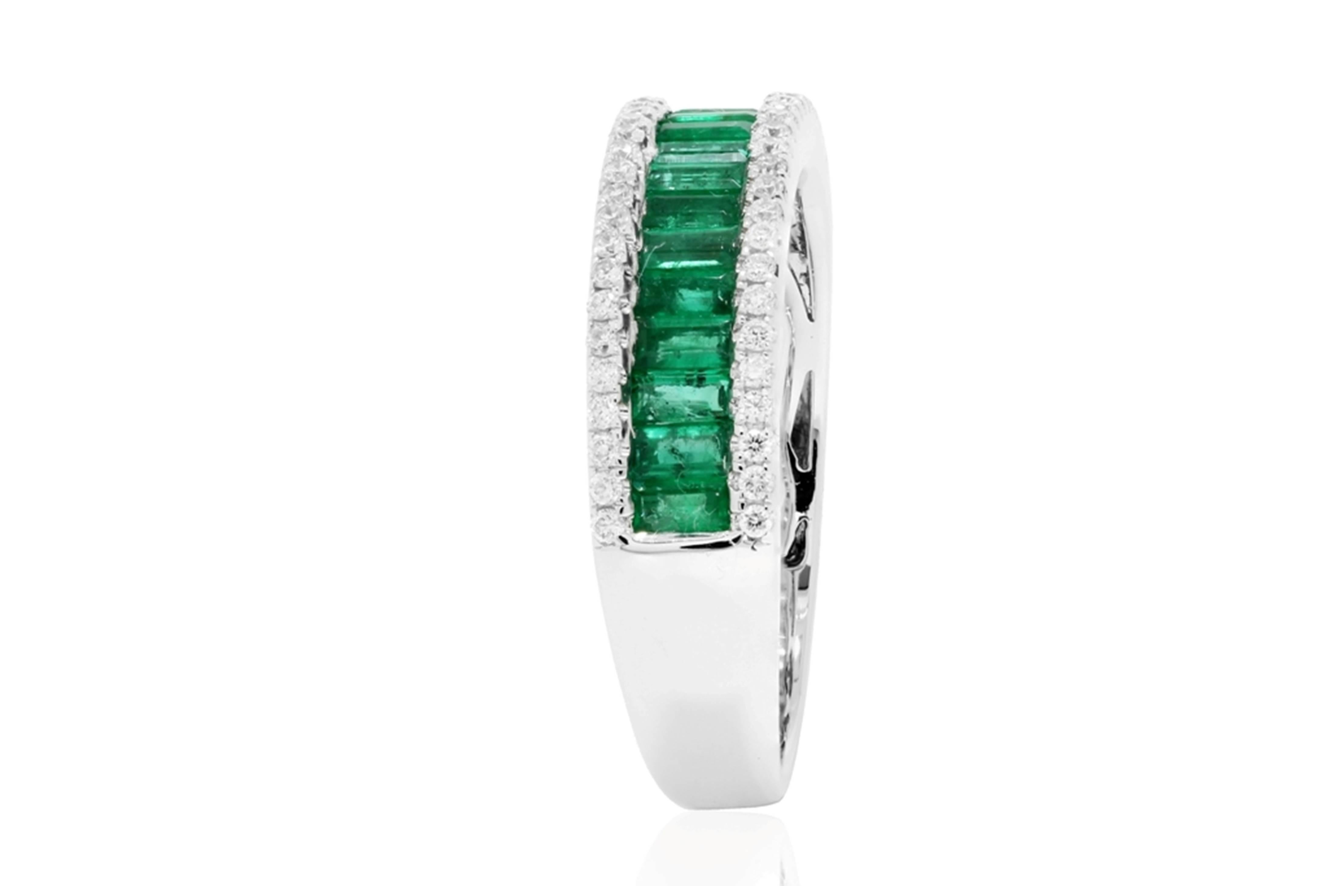Baguette Cut Emerald Baguettes Diamond Three-Row Band Gold Ring