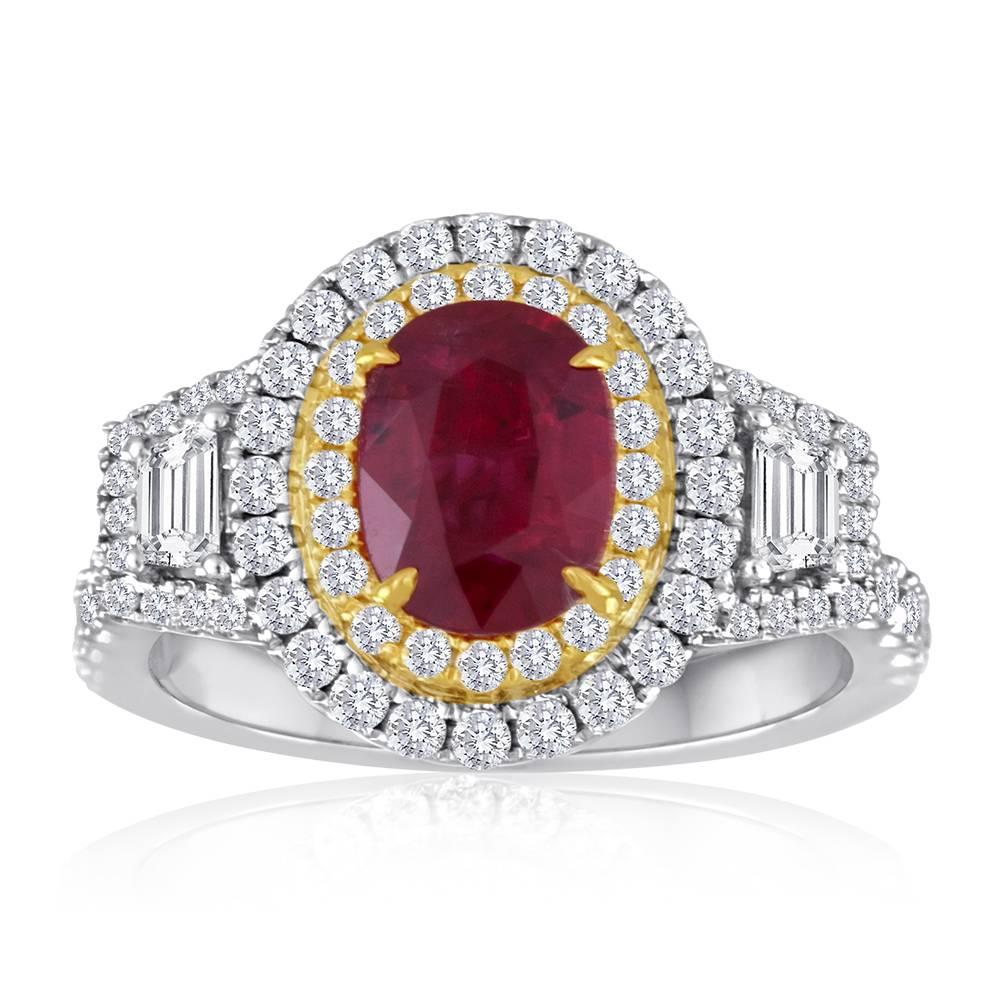 Gorgeous GIA Certified Ruby Oval 1.66 Carat Encircled in Double Halo of White Round Diamonds 0.93 Carat Flanked by Two White Diamond Trapezoid 0.17 Carat on the sides in 18K White and Yellow Gold Ring.

Style available in different price ranges.