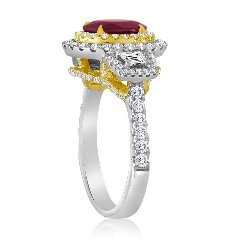 Women's or Men's GIA Certified Ruby Oval Diamond Halo Two-Color Gold Three Stone Bridal Ring