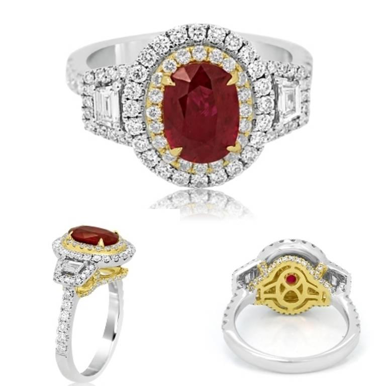 GIA Certified Ruby Oval Diamond Halo Two-Color Gold Three Stone Bridal Ring 1