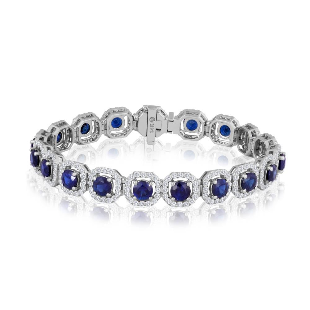 Stunning Blue Sapphire Rounds 10.70 Carats Encircled in a single Halo of White Diamonds 4.20 Carat in 14K White Gold Bracelet.

Style available in different price ranges. Prices are based on your selection of 4C's Cut, Color, Carat, Clarity. Please