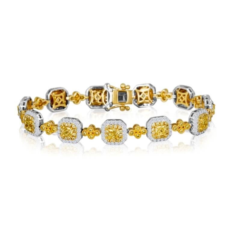 Stunning Natural Fancy Yellow Radiant Cut Diamonds 3.03 Carat encircled in a Double Halo Natural Fancy Yellow Round Diamonds 1.55 Carat and White Round Diamonds 1.98 Carat in 18K White and Yellow Gold Bracelet.,

Style available in different price