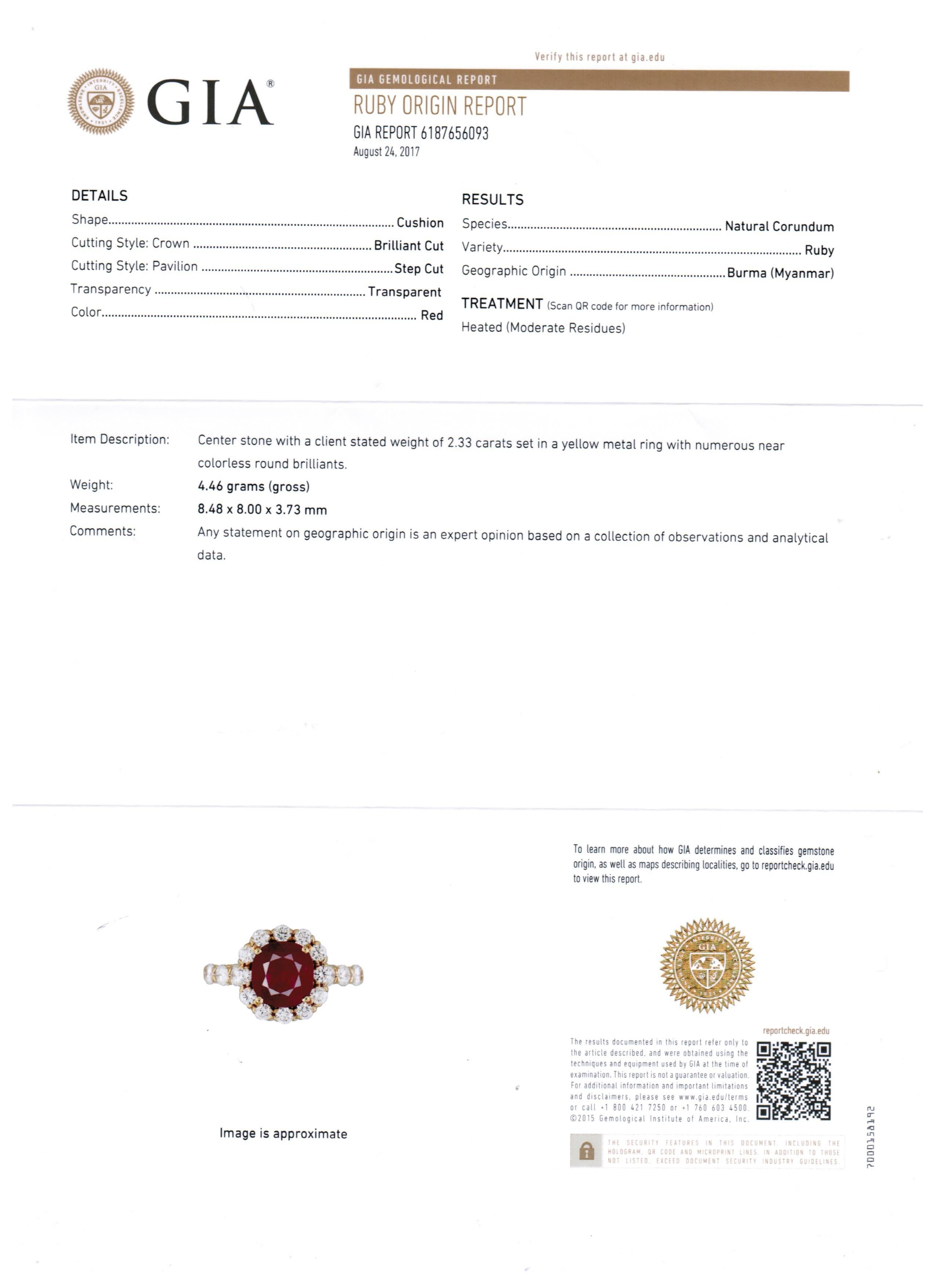 Women's GIA Certified Burma Ruby Cushion 2.33 Carat Diamond Halo Yellow Gold Bridal Ring