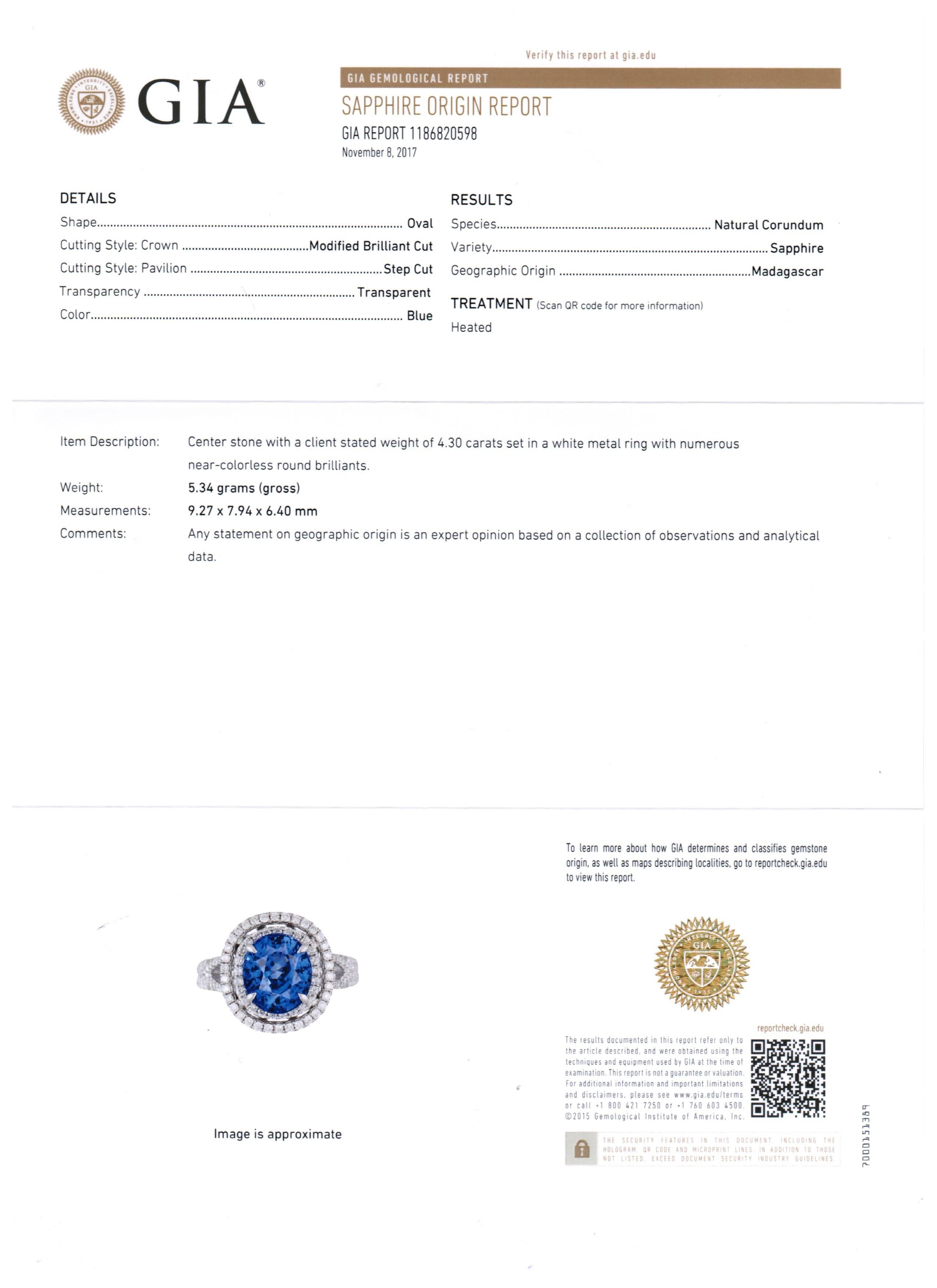 Women's Gia Certified 4.30 Carat Blue Sapphire Diamond Double Halo Bridal Gold Ring