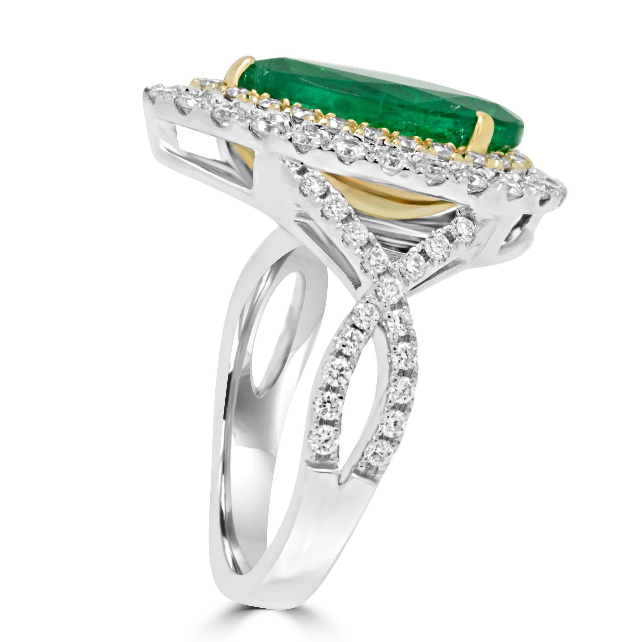 Emerald Diamond Double Halo Two-Color Gold Ring In Excellent Condition In NEW YORK, NY