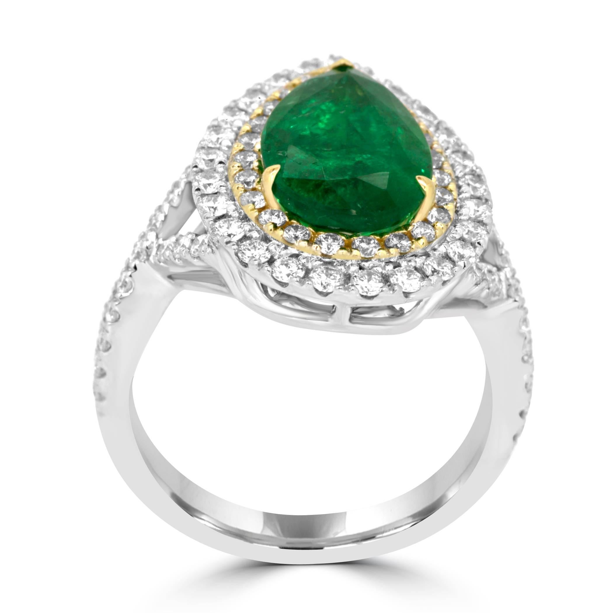 Pear Cut Emerald Diamond Double Halo Two-Color Gold Ring