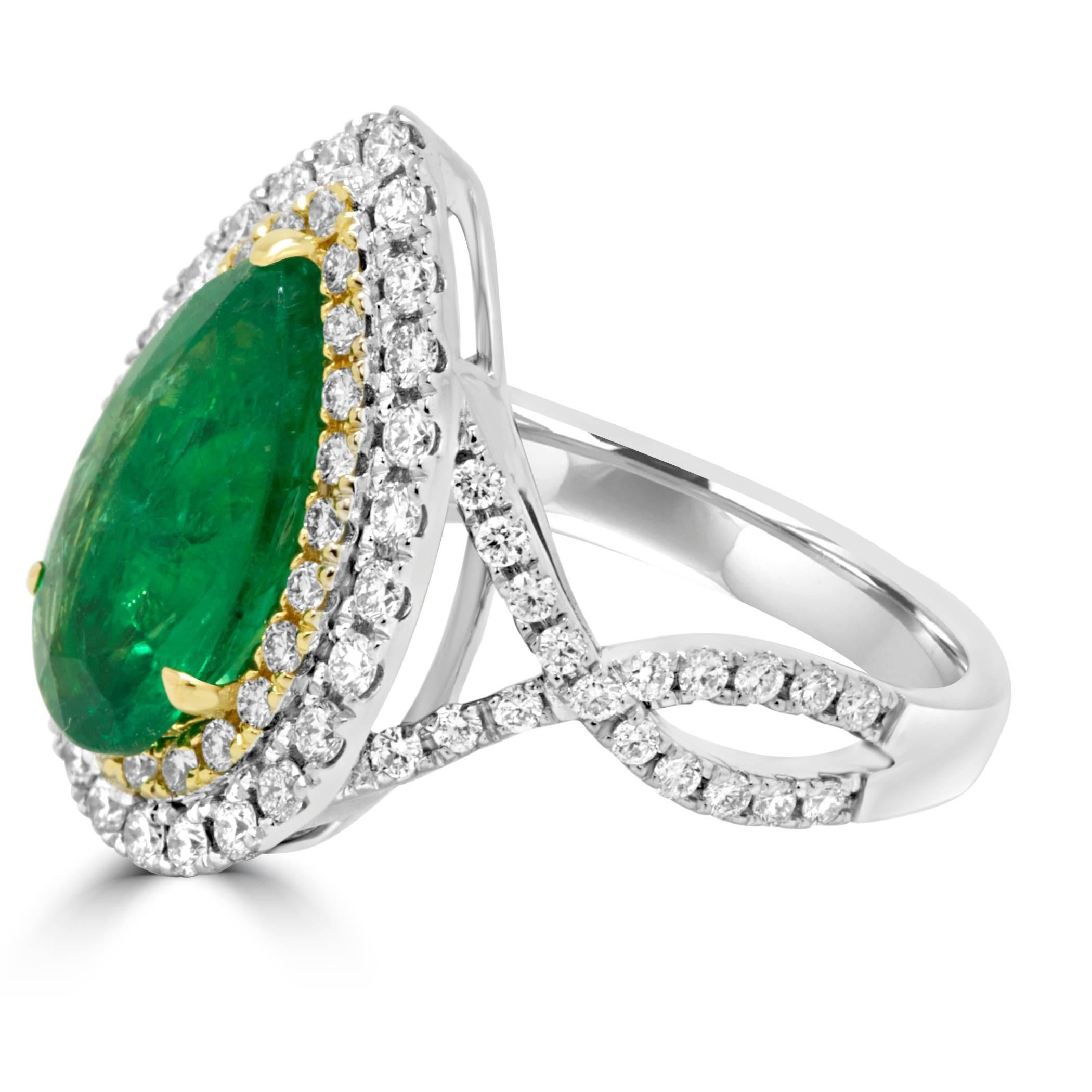 Modern Emerald Diamond Double Halo Two-Color Gold Ring