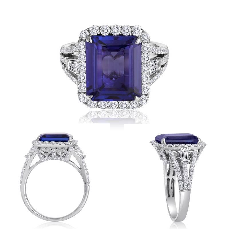 Emerald Cut 5.67 Carat Tanzanite Diamond Halo Gold Three Stone Fashion Cocktail Ring