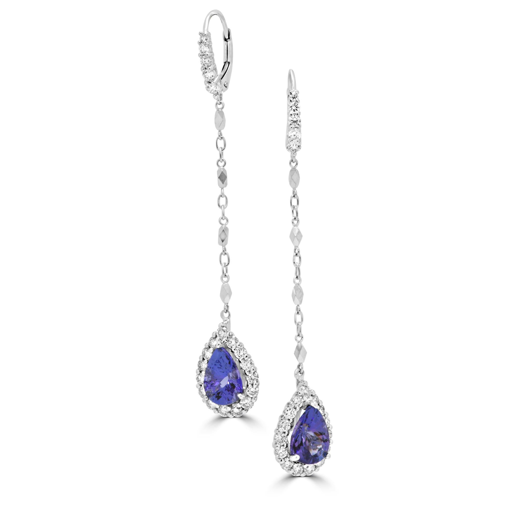 Contemporary Tanzanite Pear White Diamond Round Halo Gold Dangle Drop Lever back Earring