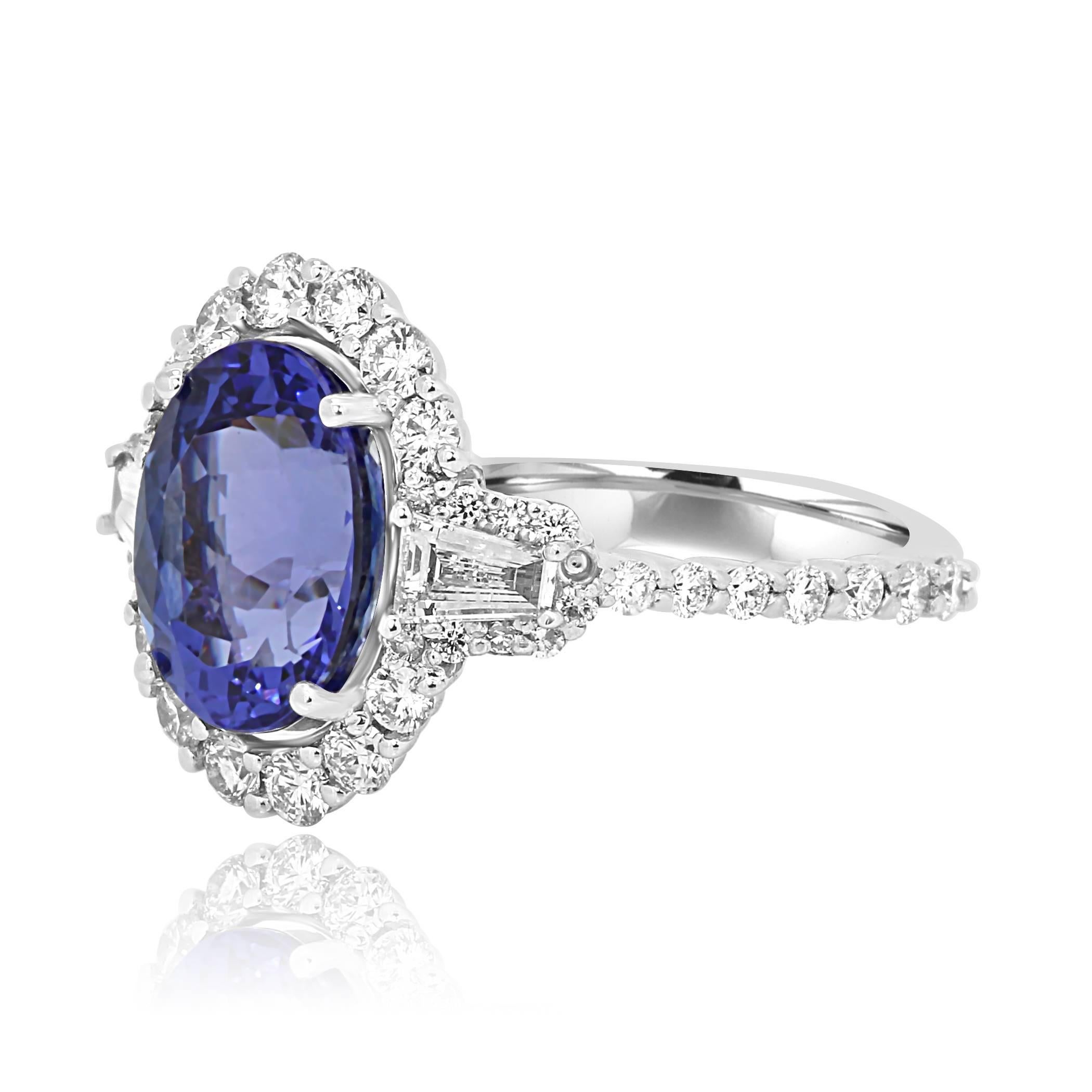 Contemporary Tanzanite Oval White Diamond RoundThree-Stone Halo Gold Fashion Cocktail Ring