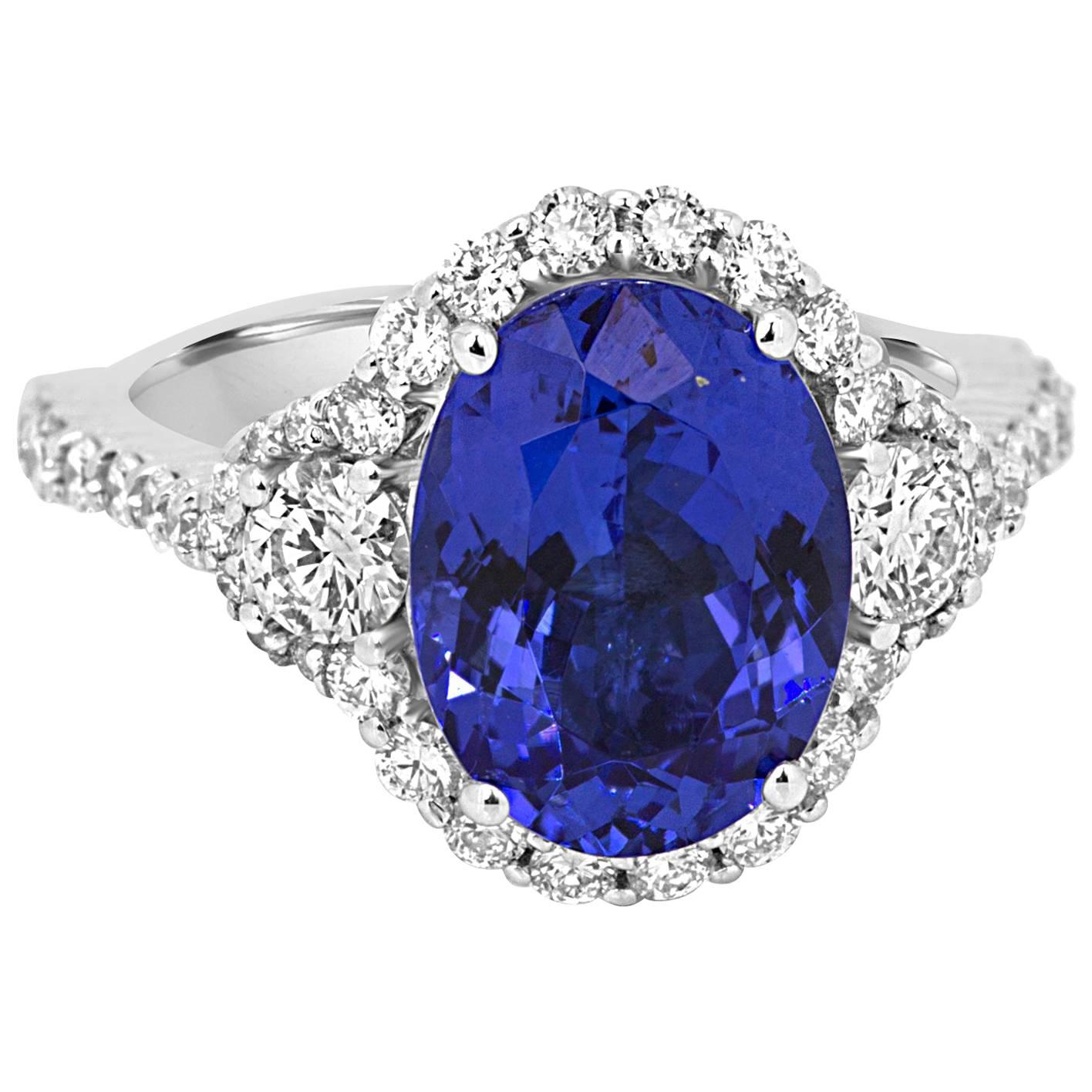 Tanzanite Oval White Diamond Round Three-Stone Bridal Fashion Halo Gold Ring