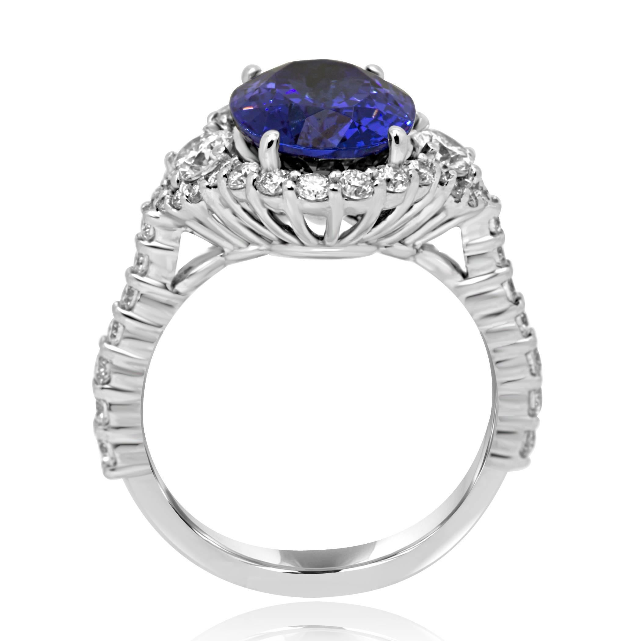 Oval Cut Tanzanite Oval White Diamond Round Three-Stone Bridal Fashion Halo Gold Ring