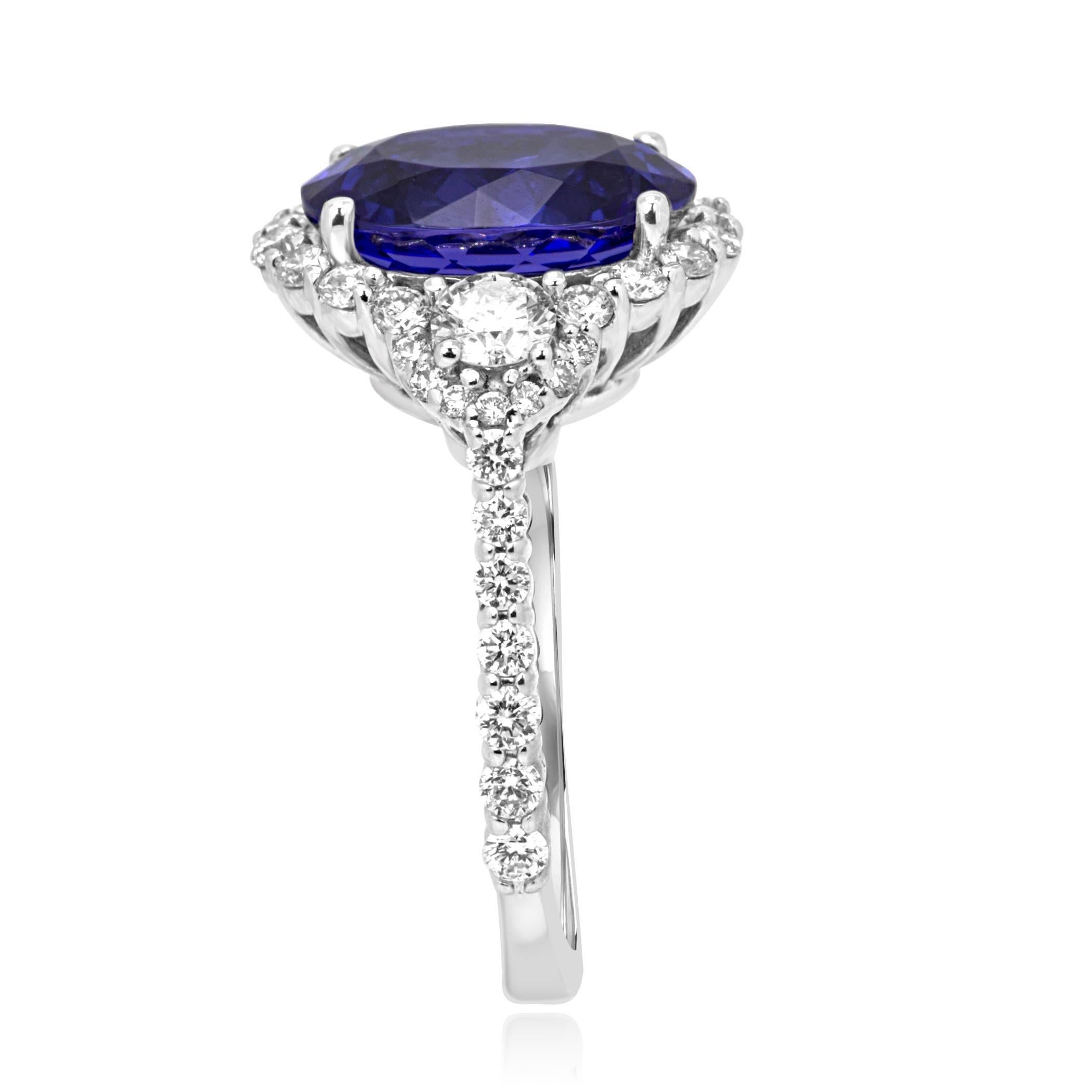 Women's Tanzanite Oval White Diamond Round Three-Stone Bridal Fashion Halo Gold Ring