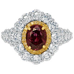 GIA Certified No Heat Oval Ruby Diamond Double Halo Two-Color Gold Ring