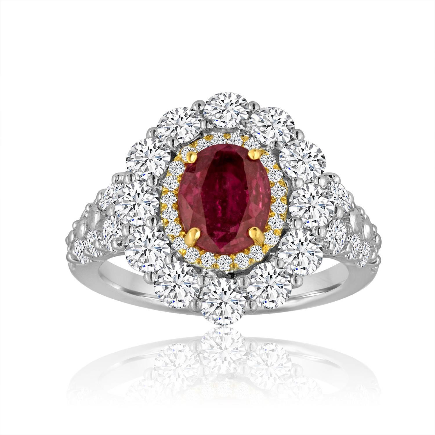 One of a kind GIA Certified No Heat Madagascar Ruby Oval 1.84 carat in Double Halo of White Diamond 2.60 Carat in 18K White and Yellow Gold Ring.

Style available in different price ranges. Prices are based on your selection of 4C's Cut, Color,