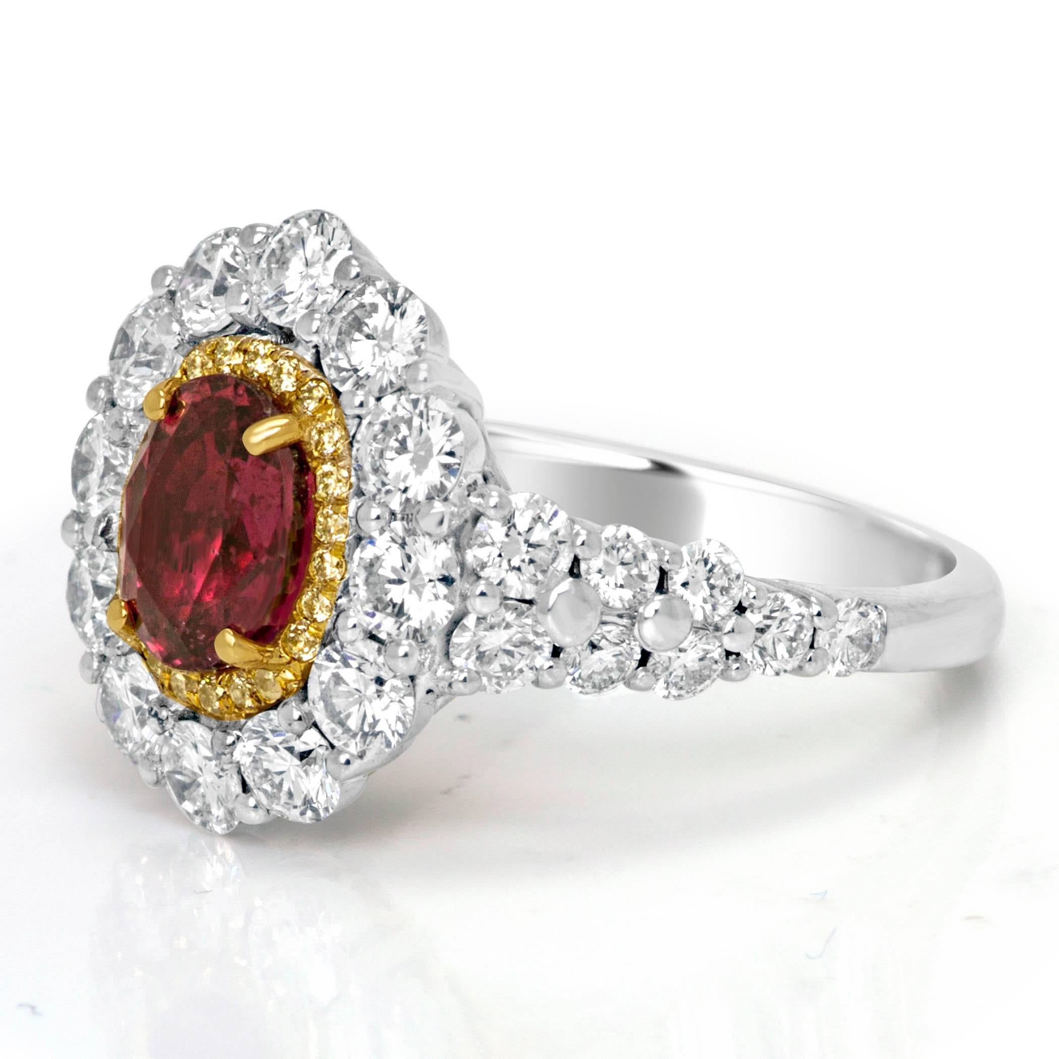 Artisan GIA Certified No Heat Oval Ruby Diamond Double Halo Two-Color Gold Ring