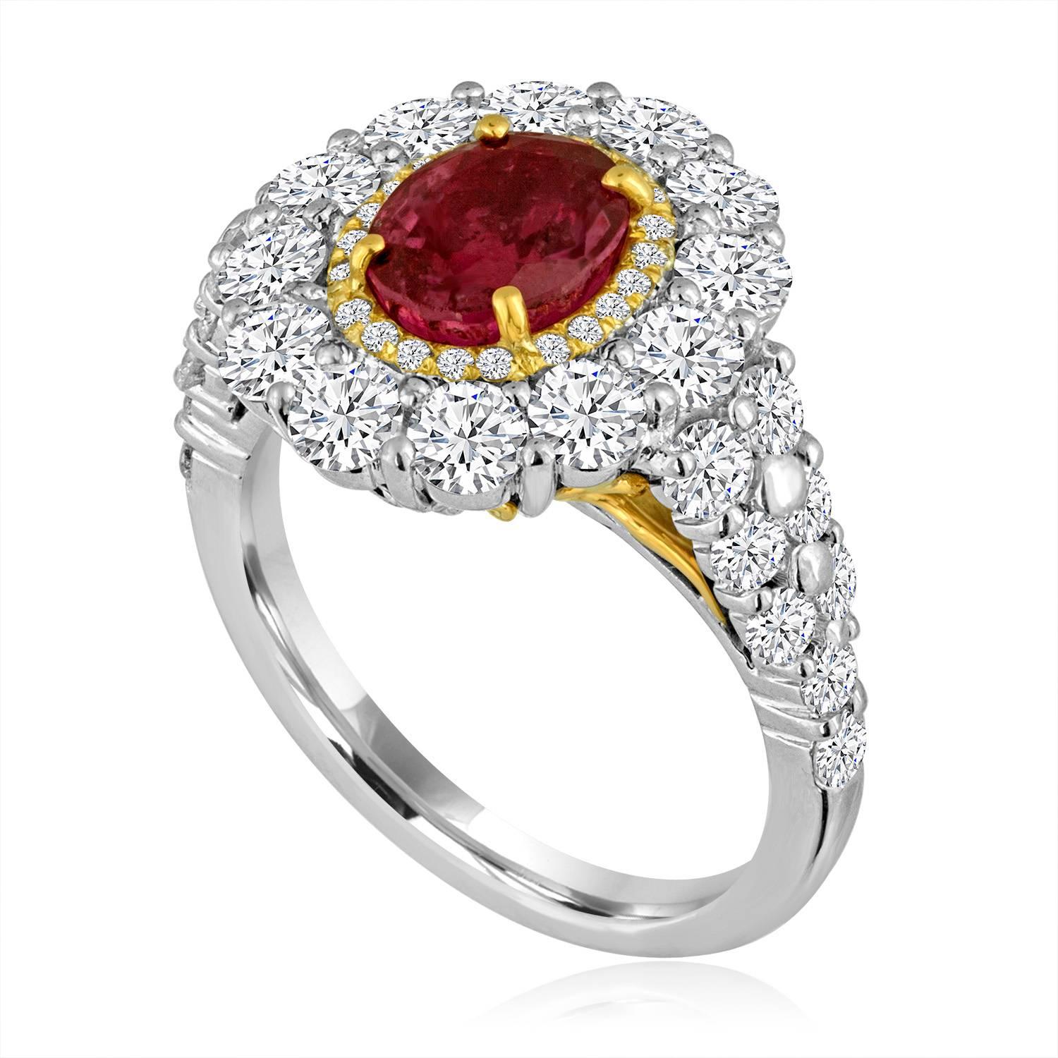 Oval Cut GIA Certified No Heat Oval Ruby Diamond Double Halo Two-Color Gold Ring