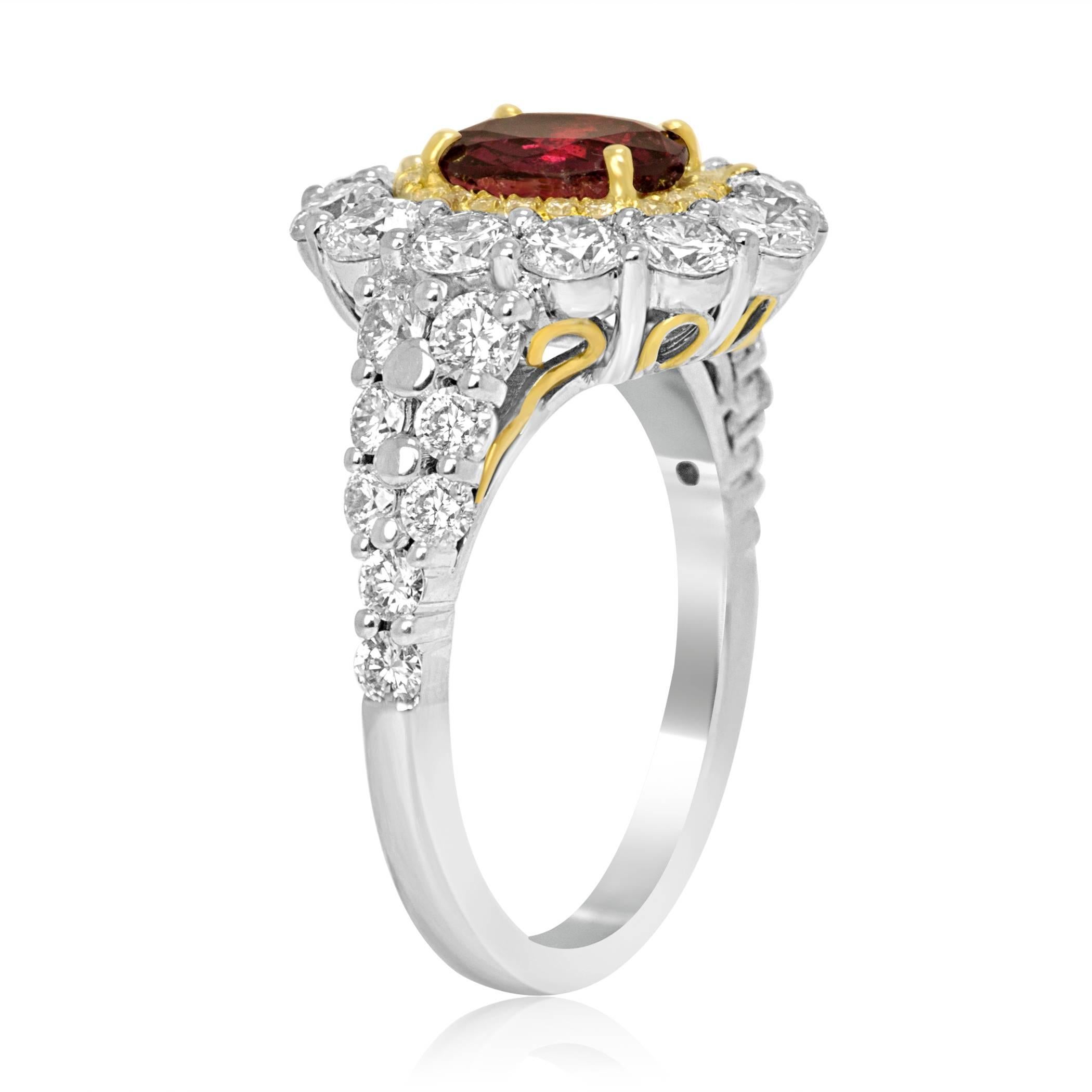 GIA Certified No Heat Oval Ruby Diamond Double Halo Two-Color Gold Ring In New Condition In NEW YORK, NY