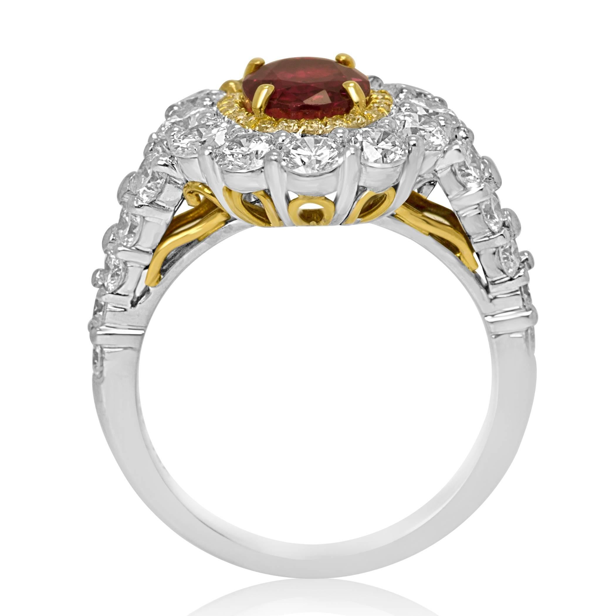 Women's GIA Certified No Heat Oval Ruby Diamond Double Halo Two-Color Gold Ring