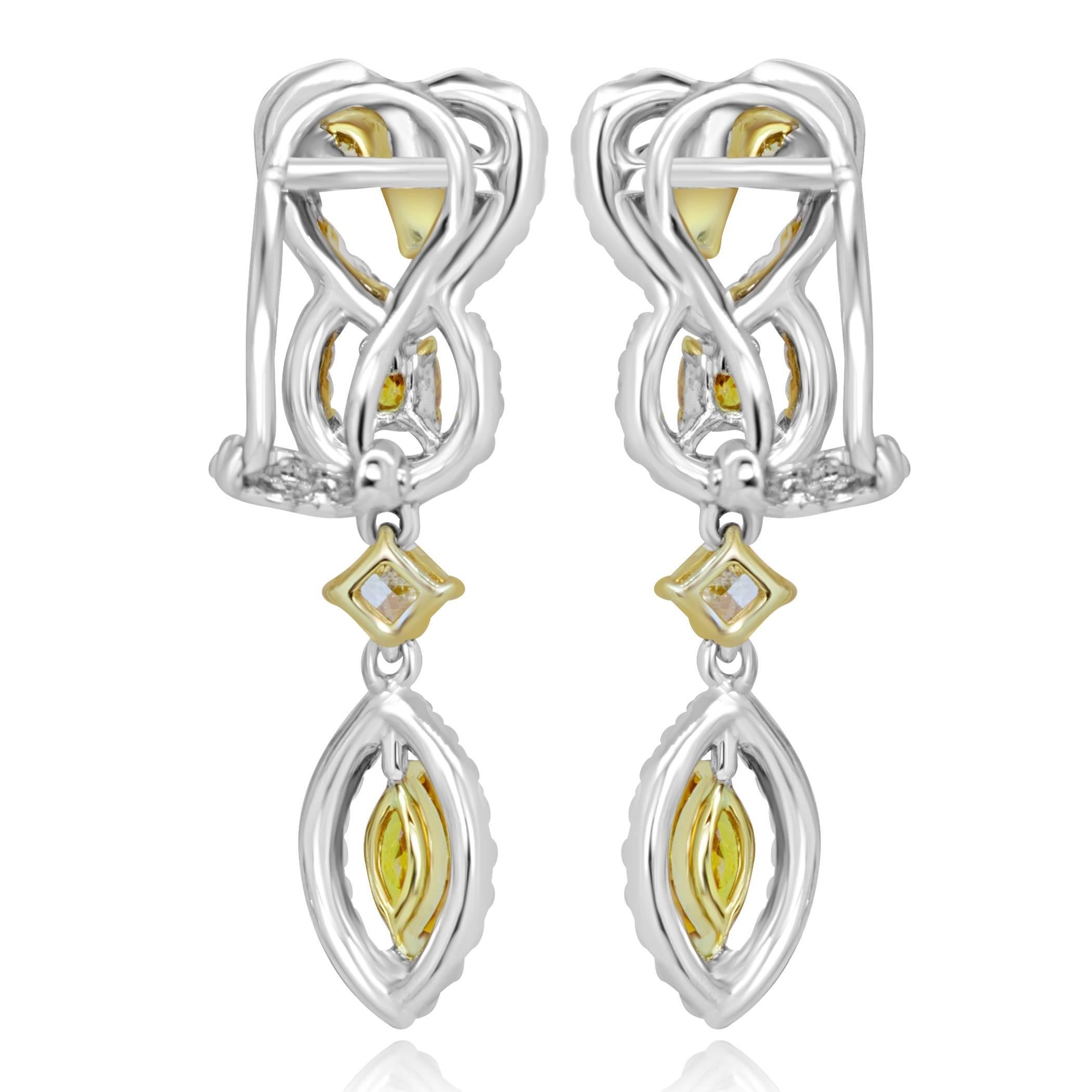 Contemporary Natural Fancy Multi-Color Diamond Halo Two-Color Gold Drop Dangle Earring