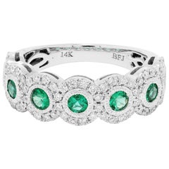 Emerald Diamond Single Halo Gold Strackable Fashion Cocktail Milgrain Band Ring