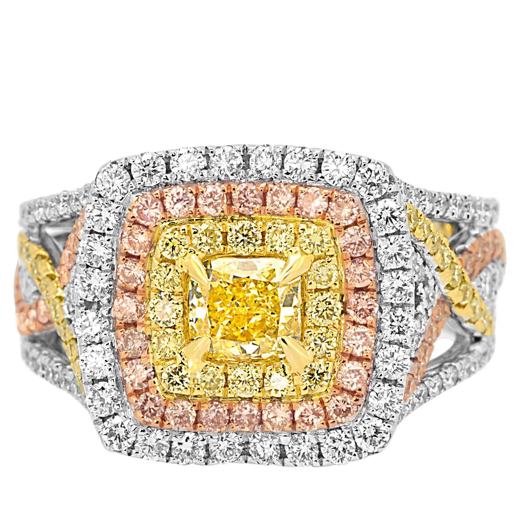 GIA Certified Fancy Intense Yellow Diamond Triple Halo Three-Color Gold Ring