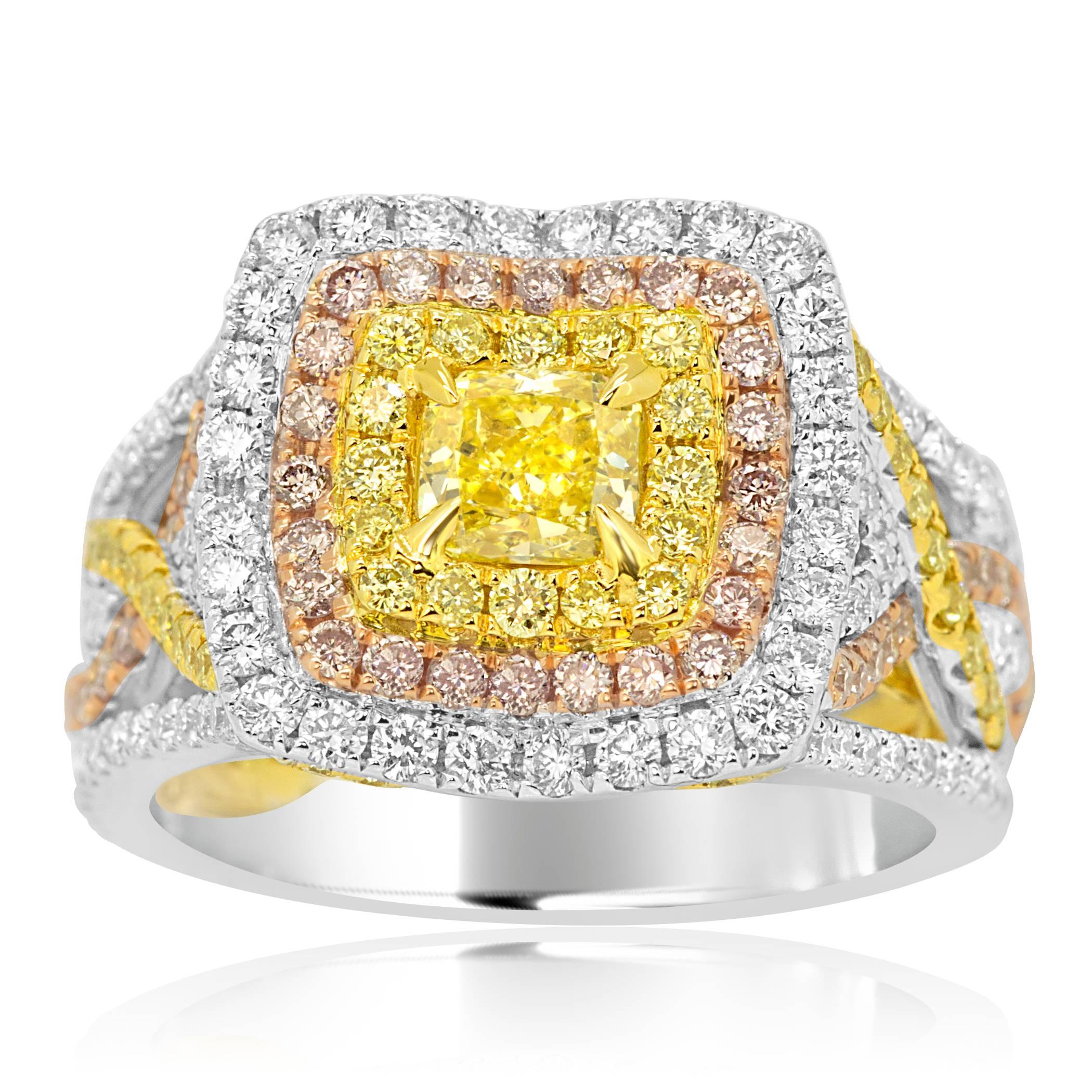 Modern GIA Certified Fancy Intense Yellow Diamond Triple Halo Three-Color Gold Ring