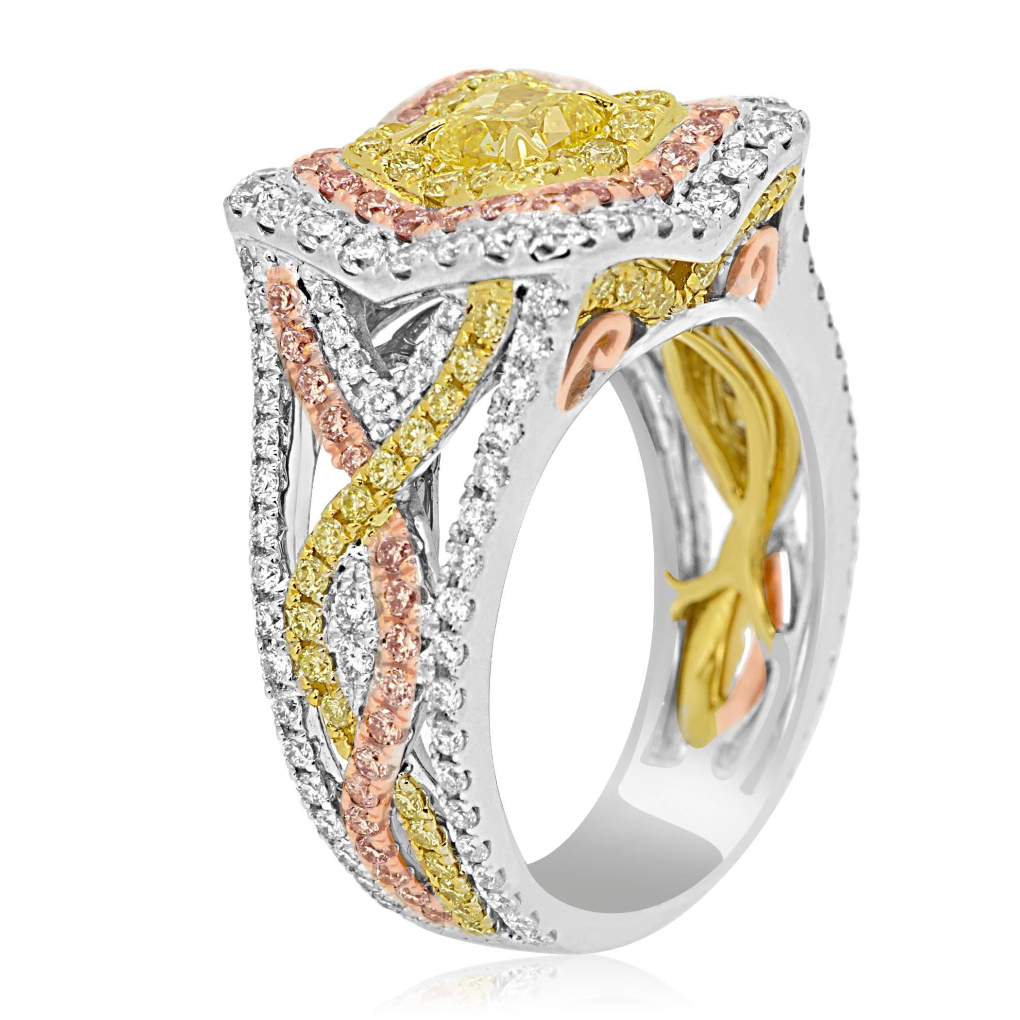 GIA Certified Fancy Intense Yellow Diamond Triple Halo Three-Color Gold Ring 1