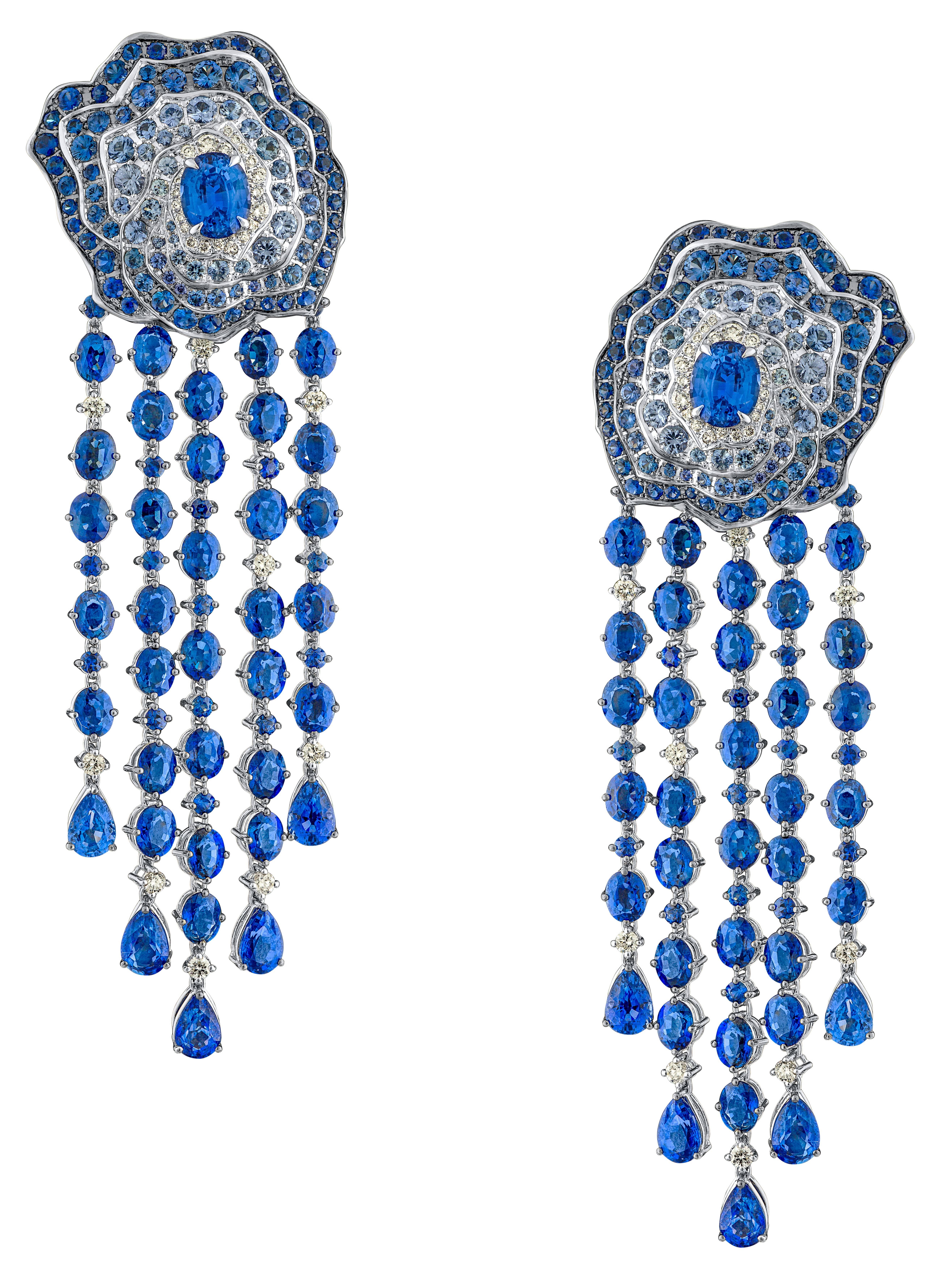 Earrings crafted in 18K white gold (Palladium)                                                               Diamond G VS x62 pieces = 1.00 carats                                                                           Sapphire Graduation x226
