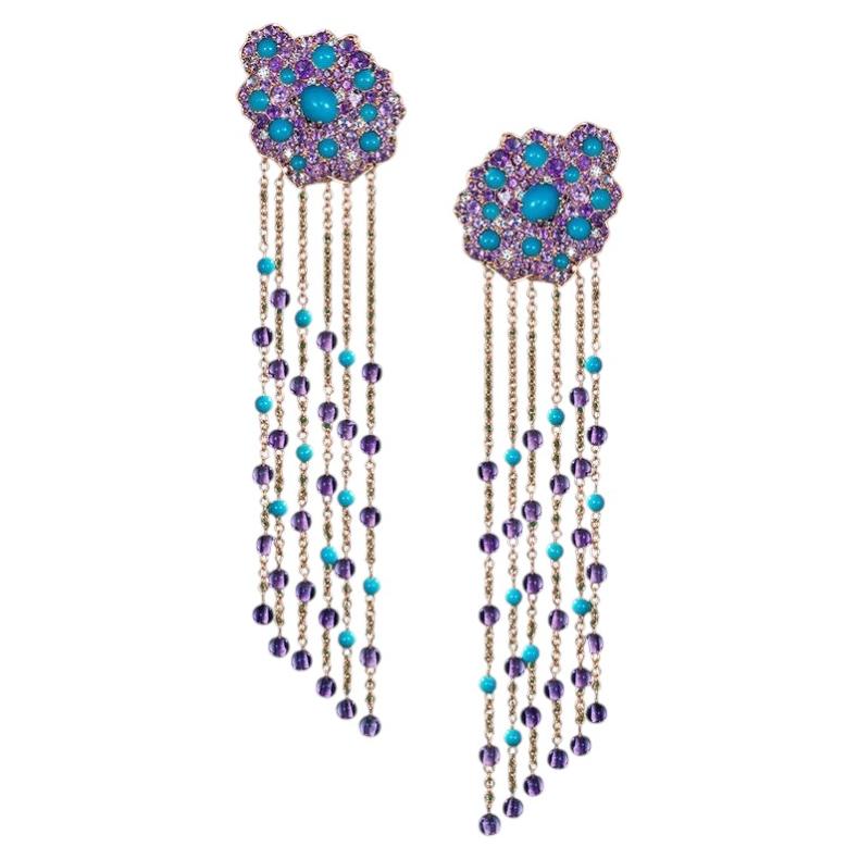 18 Karat Rose Gold, Diamonds, Amethyst and Turquoise Mini Earrings For Sale