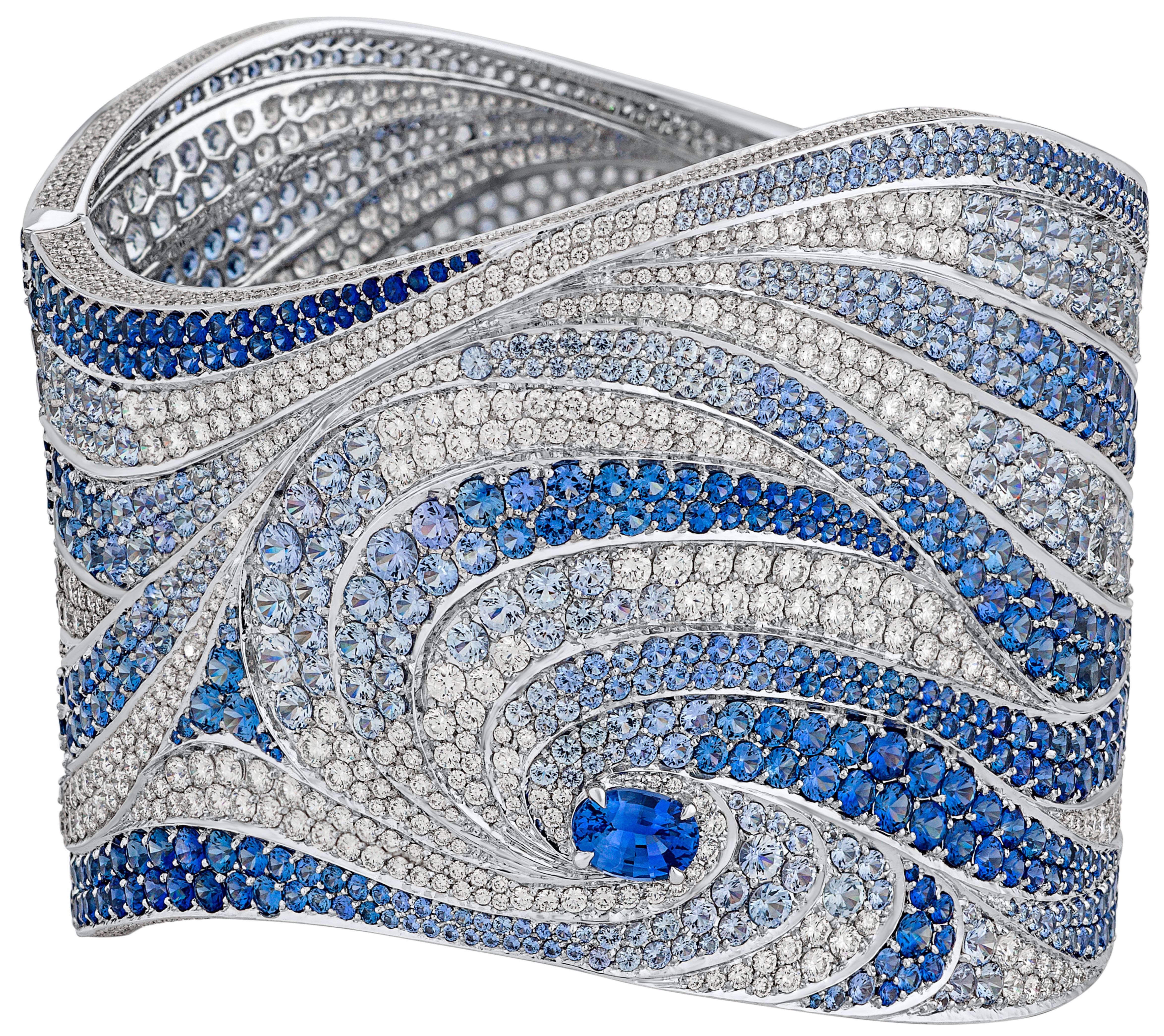 Contemporary White Gold, White Diamond and Blue Sapphire Bangle Bracelet