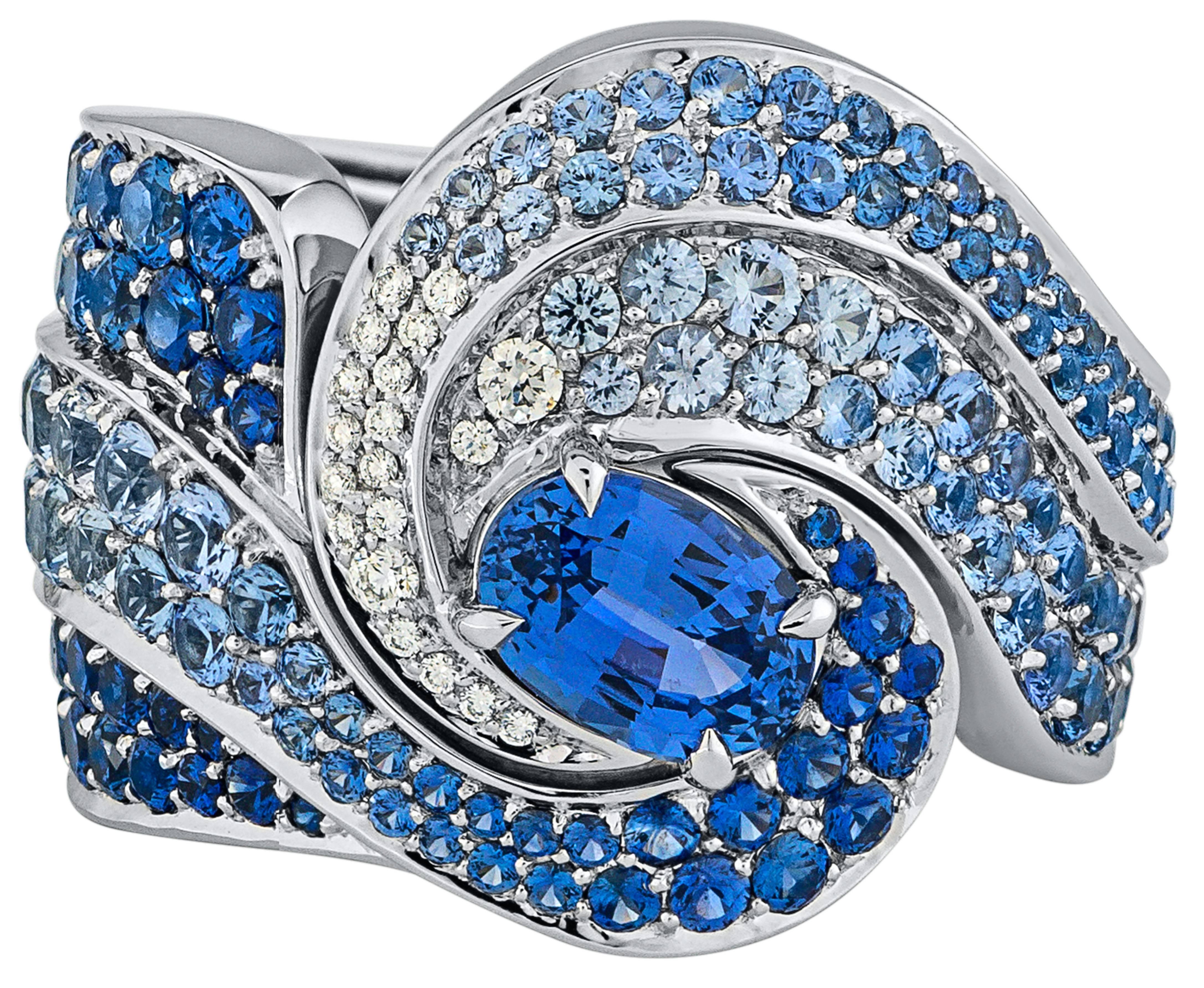 Ring crafted in 18K ring                                                                    Round brilliant diamond: x32 pieces = 0.12 carats                                               Blue sapphires: x262 pieces = 5.80 carats                    