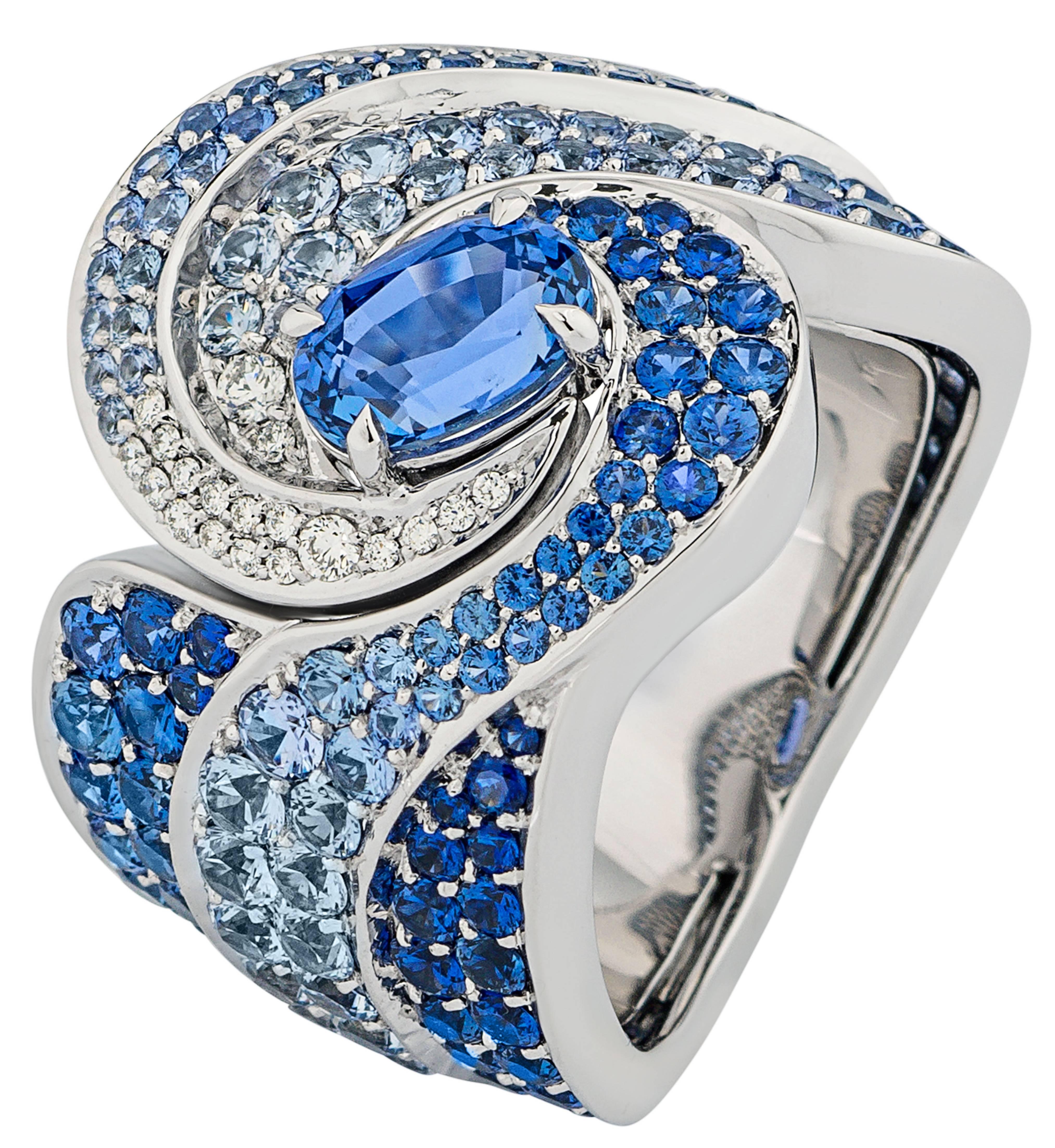 Contemporary White Gold, White Diamond and Blue Sapphire Cocktail Ring