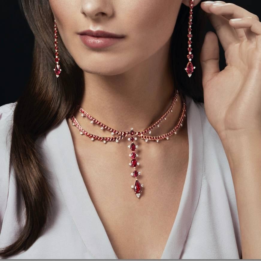 Modern Rose Gold, White Diamonds Mozambican Ruby and Rubellite Choker Necklace