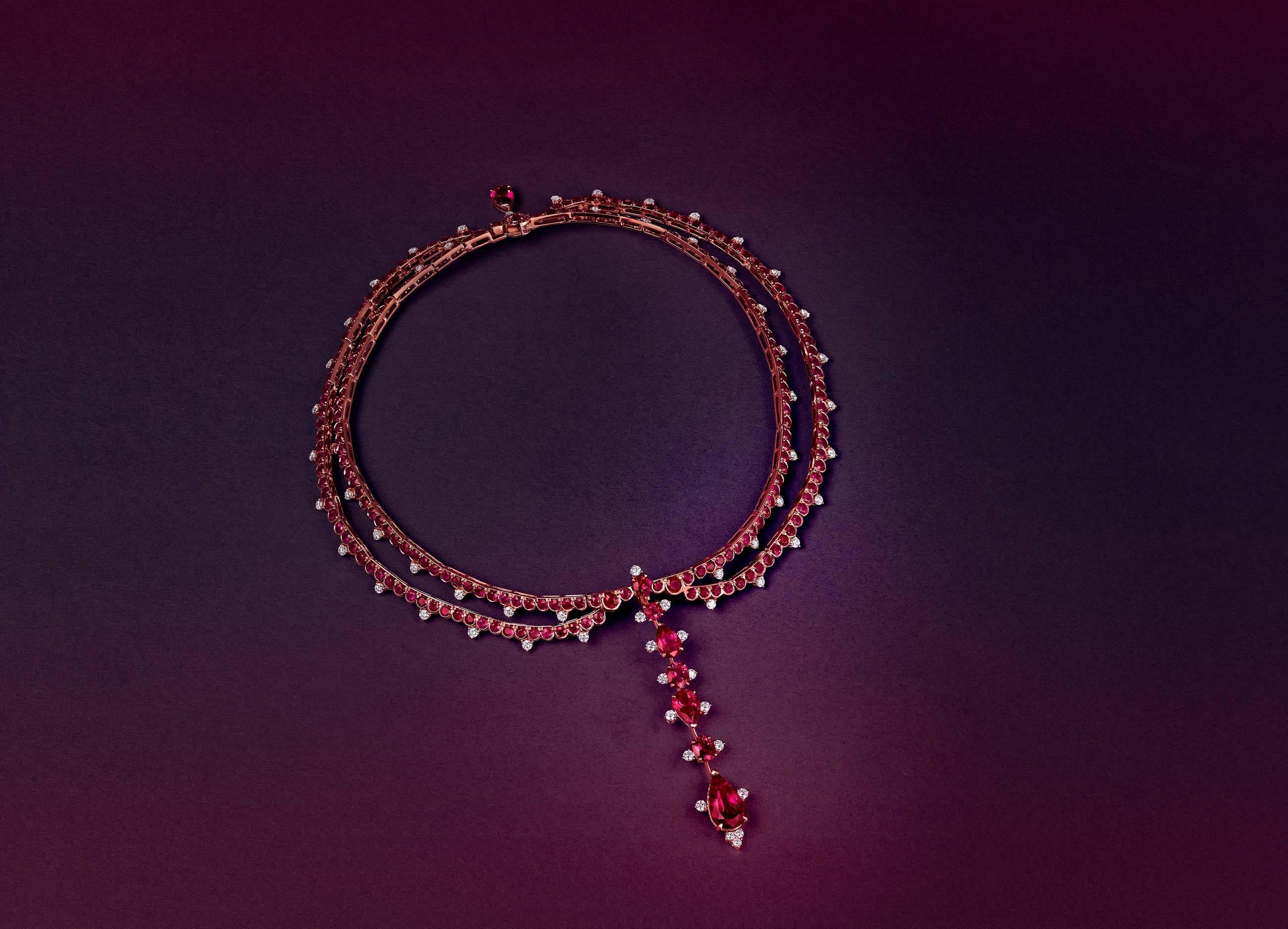 Women's Rose Gold, White Diamonds Mozambican Ruby and Rubellite Choker Necklace