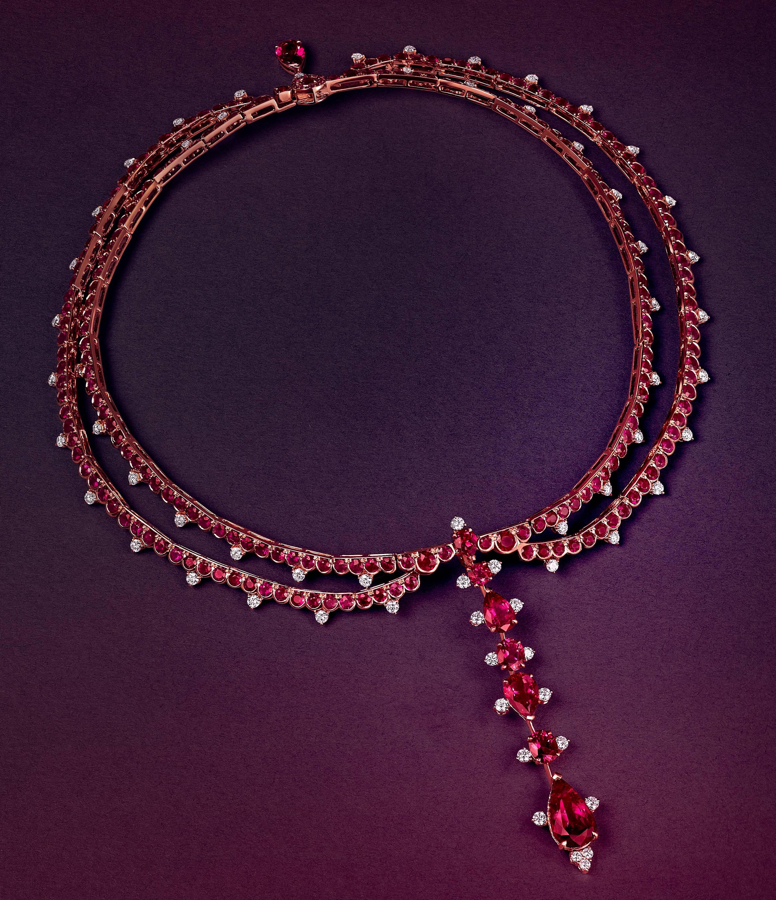Rose Gold, White Diamonds Mozambican Ruby and Rubellite Choker Necklace In Excellent Condition In Mayfair, London, GB