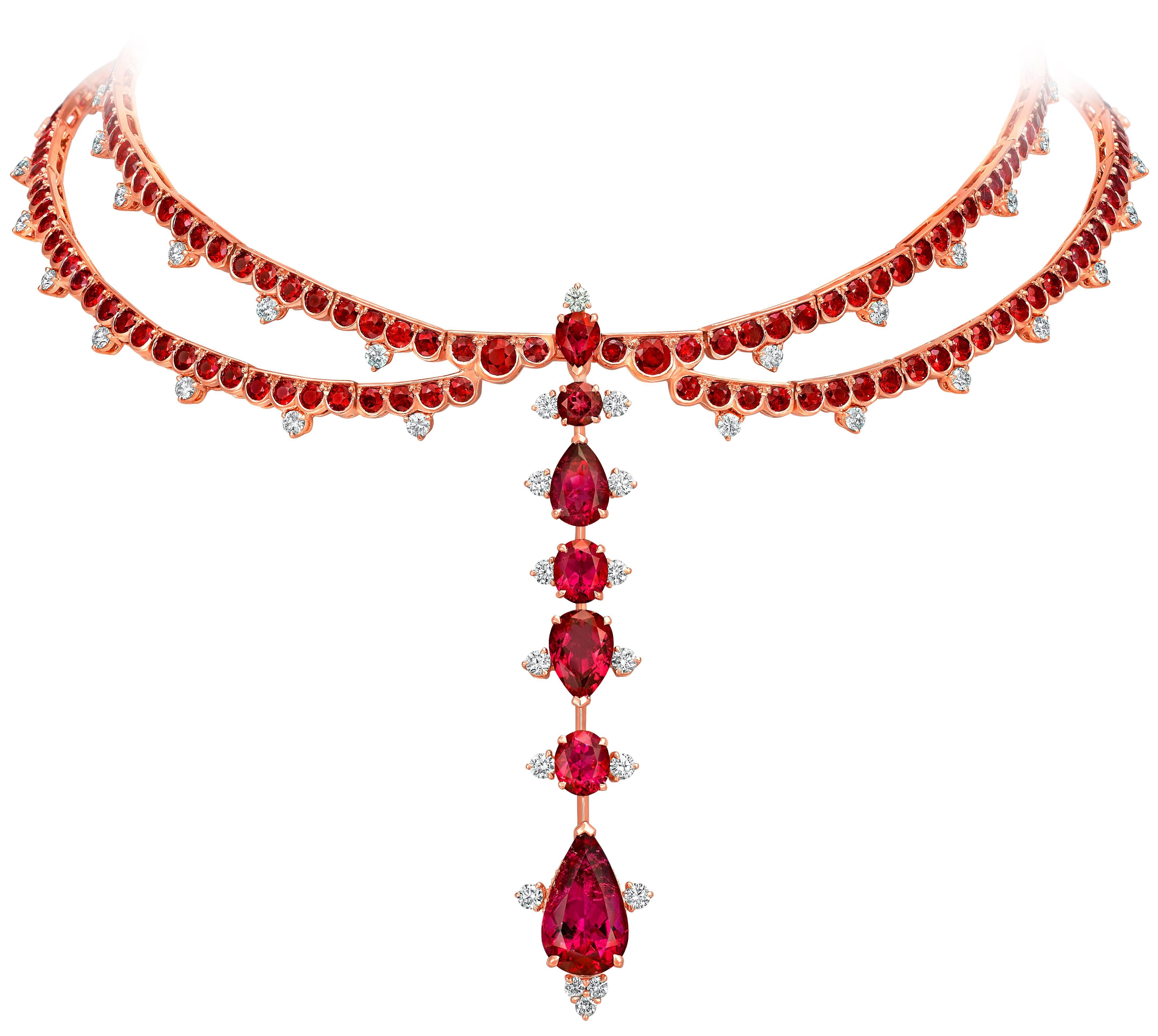 Rose Gold, White Diamonds Mozambican Ruby and Rubellite Choker Necklace 4