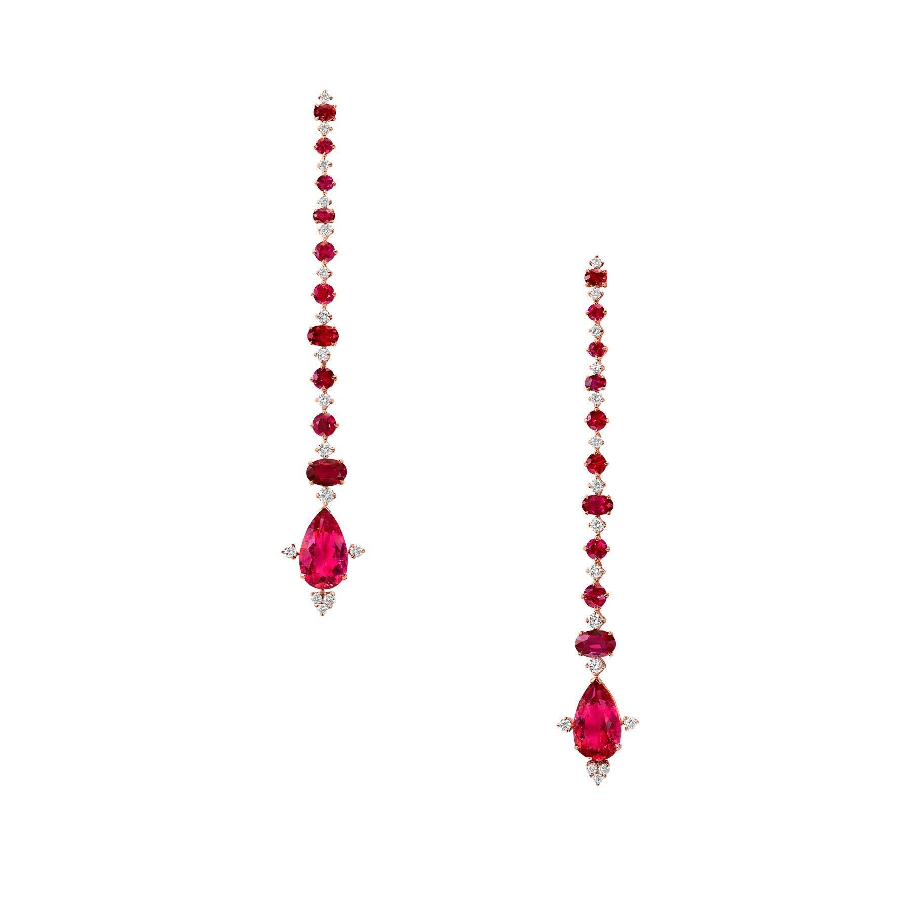 Stilletto earrings crafted in 18K rose gold                                                         
Mozambican responsibly sourced rubies & rubellites & diamonds                                                   Ethically sourced round brilliant