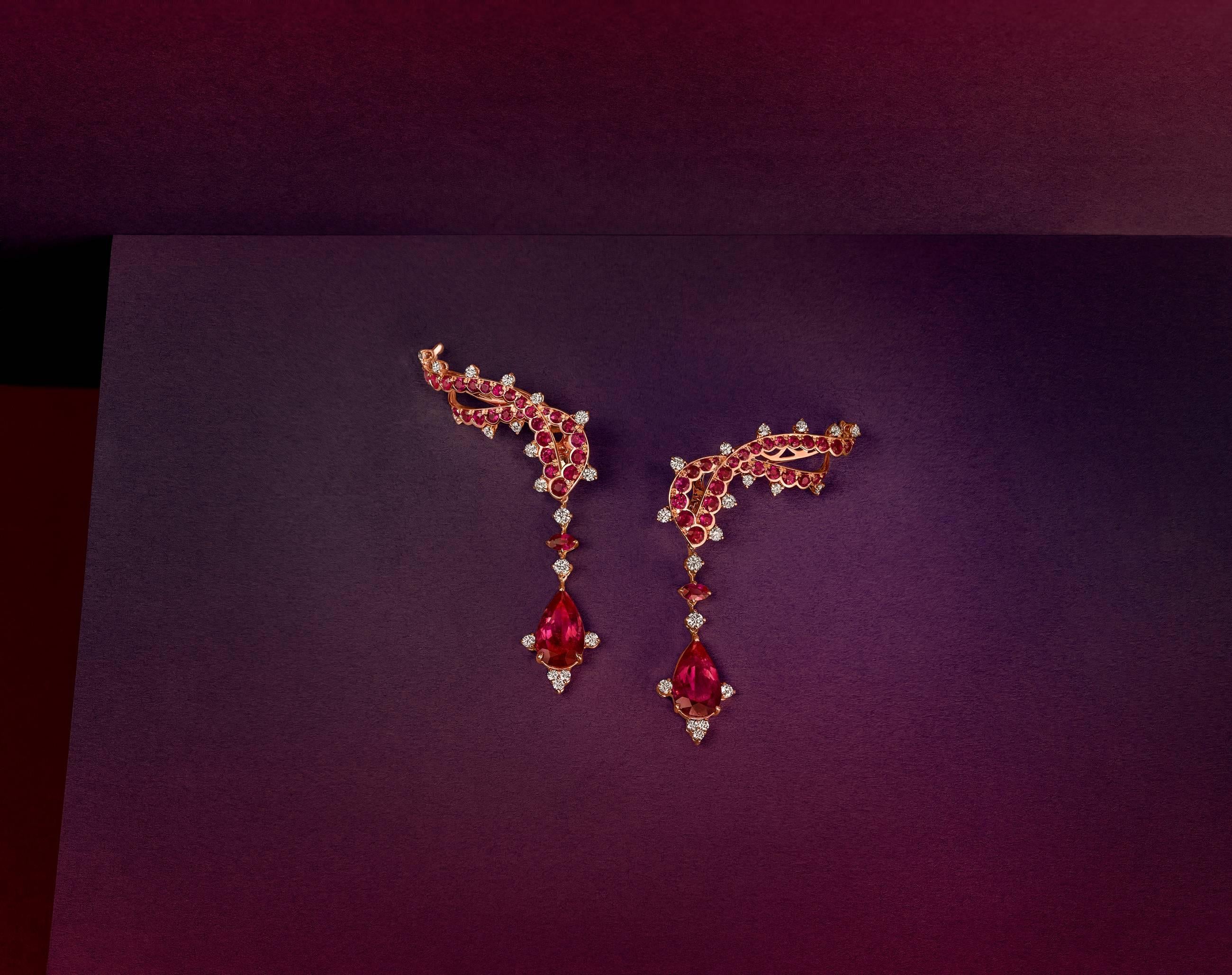 Modern Rose Gold, White Diamonds, Mozambican Rubies and Rubellite Ear Climbers Earrings