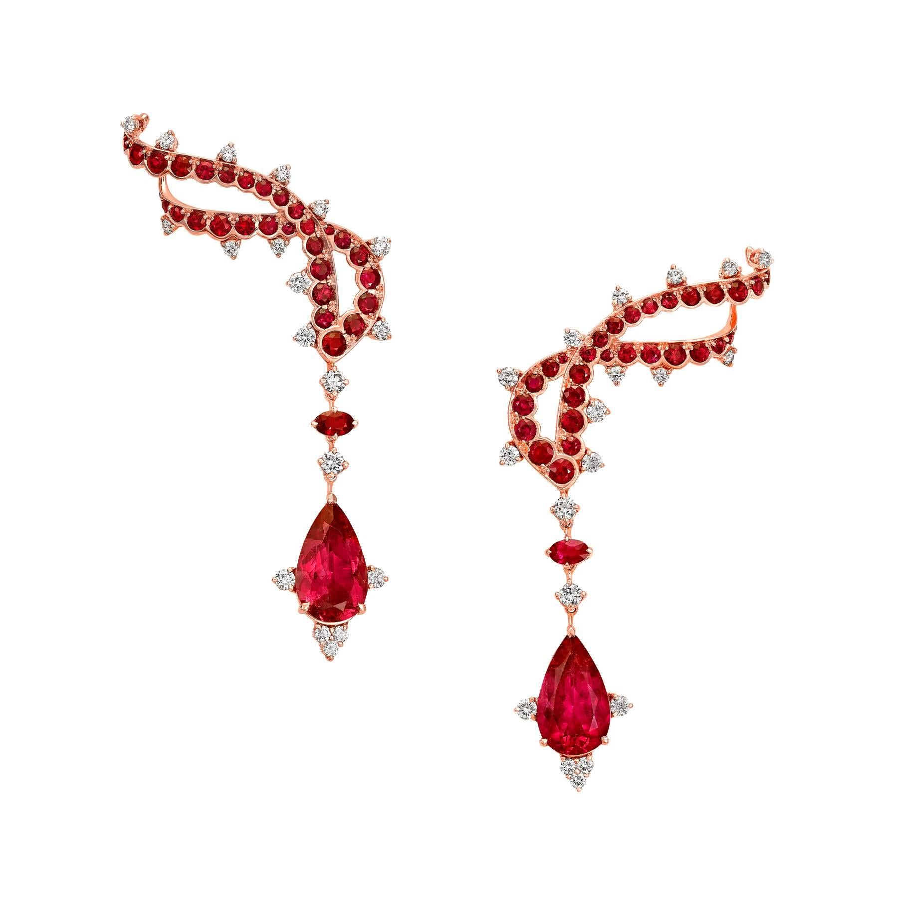 Climber earrings crafted in 18K rose gold                                                                                                       Mozambican responsibly sourced rubies & rubellites & diamonds                                            