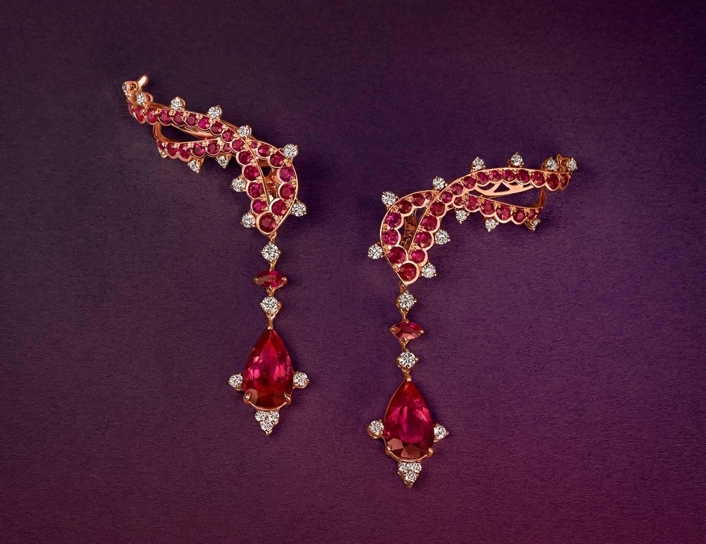 Pear Cut Rose Gold, White Diamonds, Mozambican Rubies and Rubellite Ear Climbers Earrings