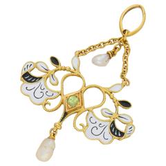 1890s Art Nouveau Carlo Giuliano Garnet Enamel Seed Pearl Gold Pendant 1