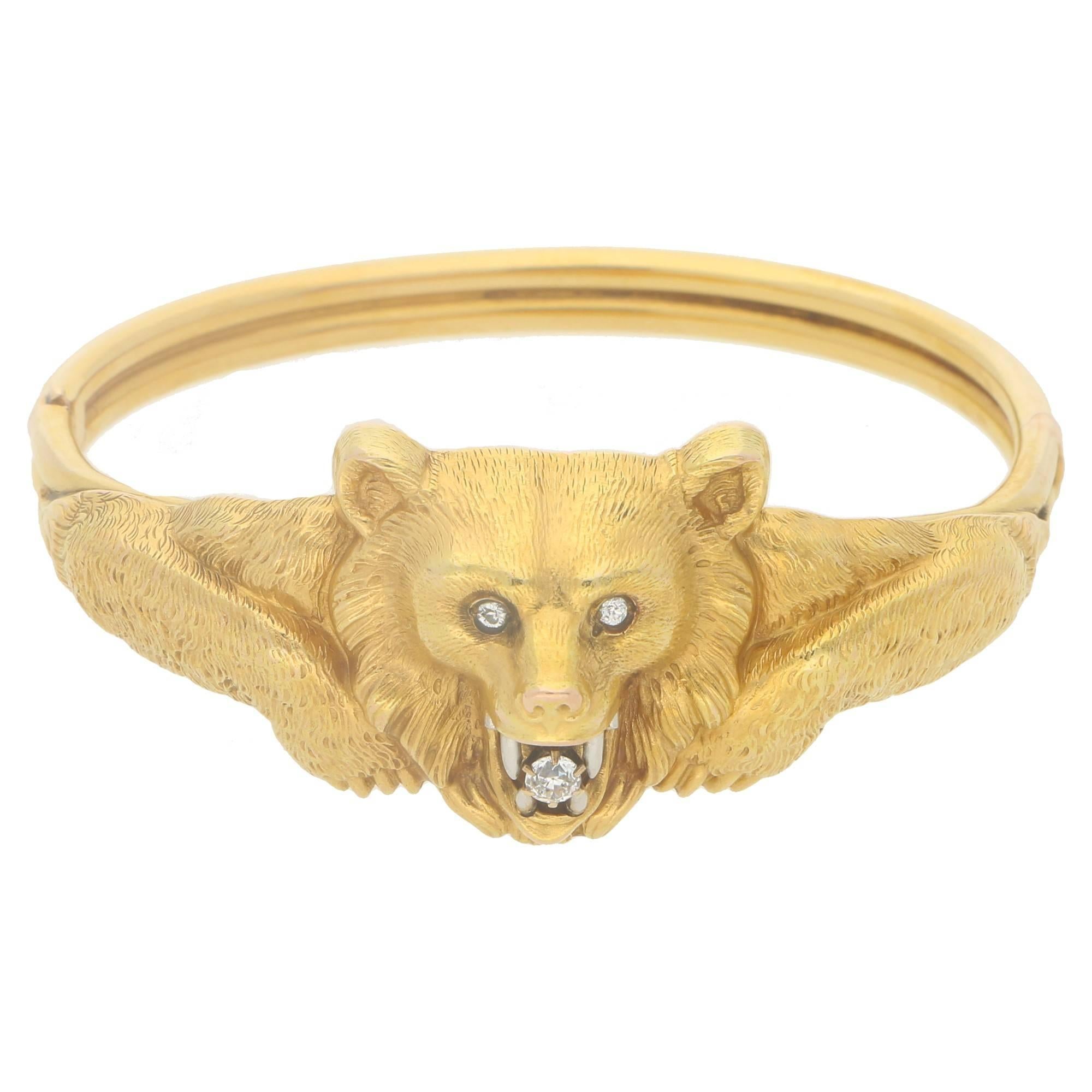 1900s Diamond Gold Hinged Bear Bangle