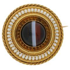 Antique Royal Inscription Victorian 1870s Agate Enamel Gold  Circular Brooch