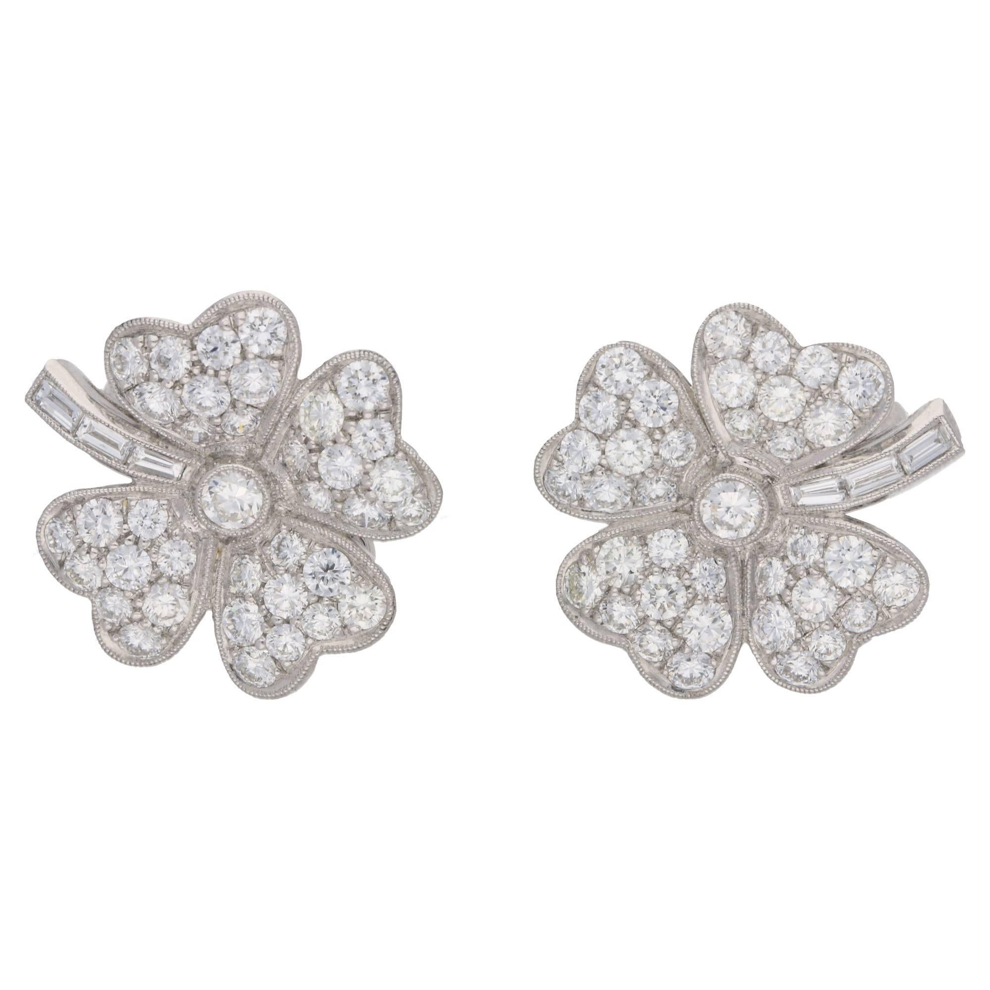 Diamond Platinum Four Leaf Clover Earrings 