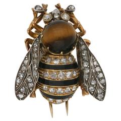 1880s Tiger's Eye Diamond Yellow Gold Bee Brooch