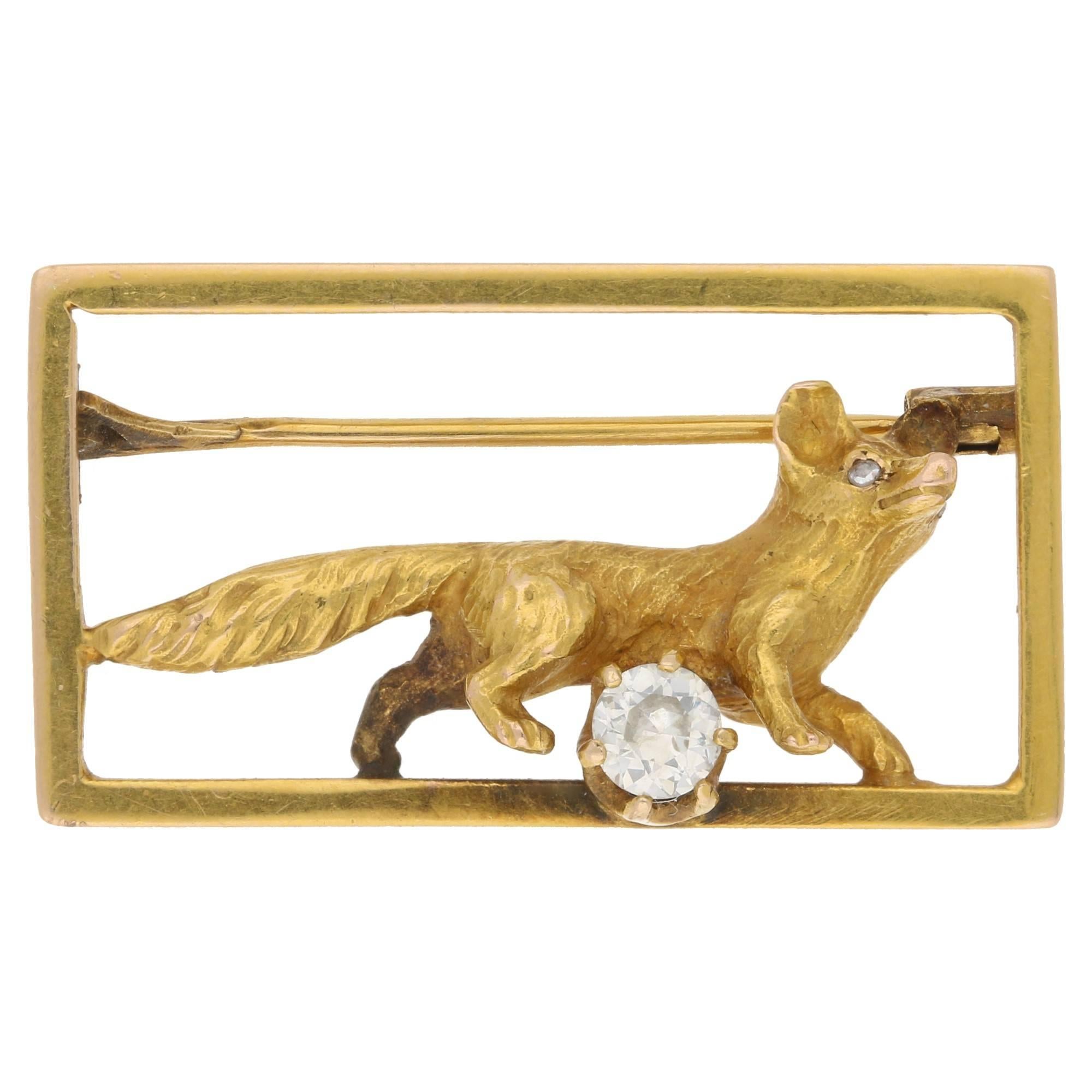 Victorian Diamond Fox Brooch in Gold Circa 1870's 