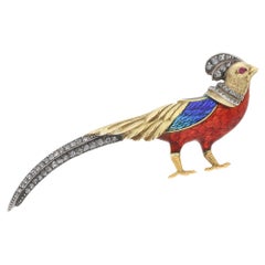 Victorian Rose Cut Diamond and Enamel Pheasant Brooch Set in Silver on Gold